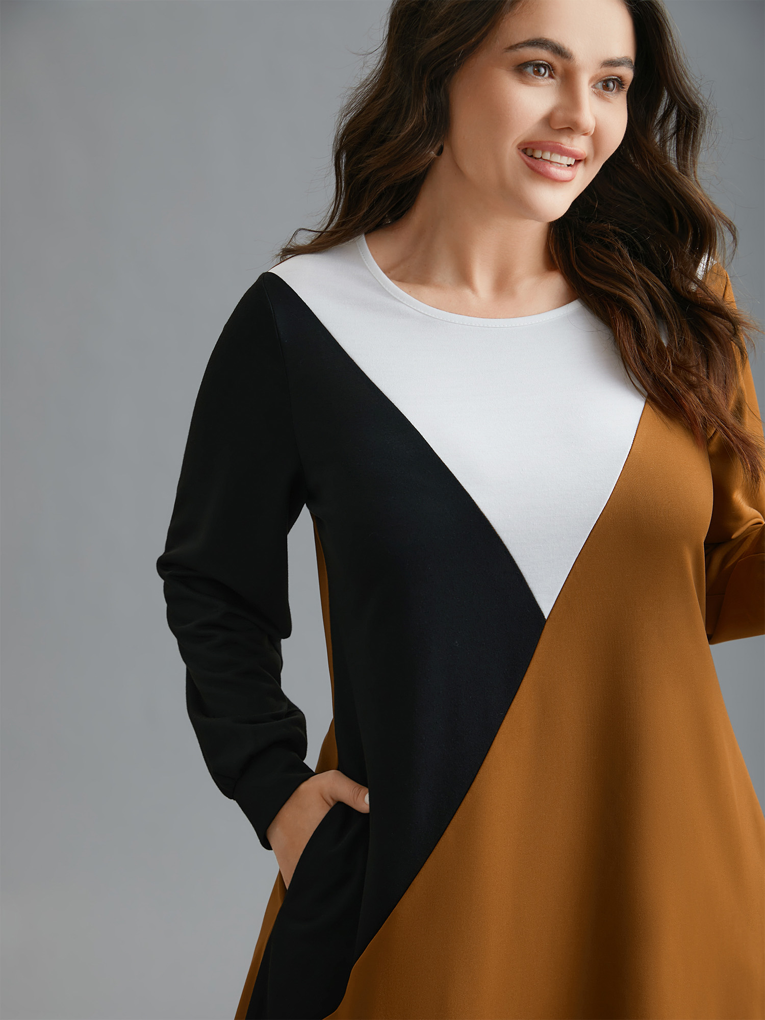 BloomChic Women's Plus Size Colorblock Contrast Pockets Knitted Midi Dress Yellowishbrown Everyday-Casual Midi Colorblock 22-24/3X