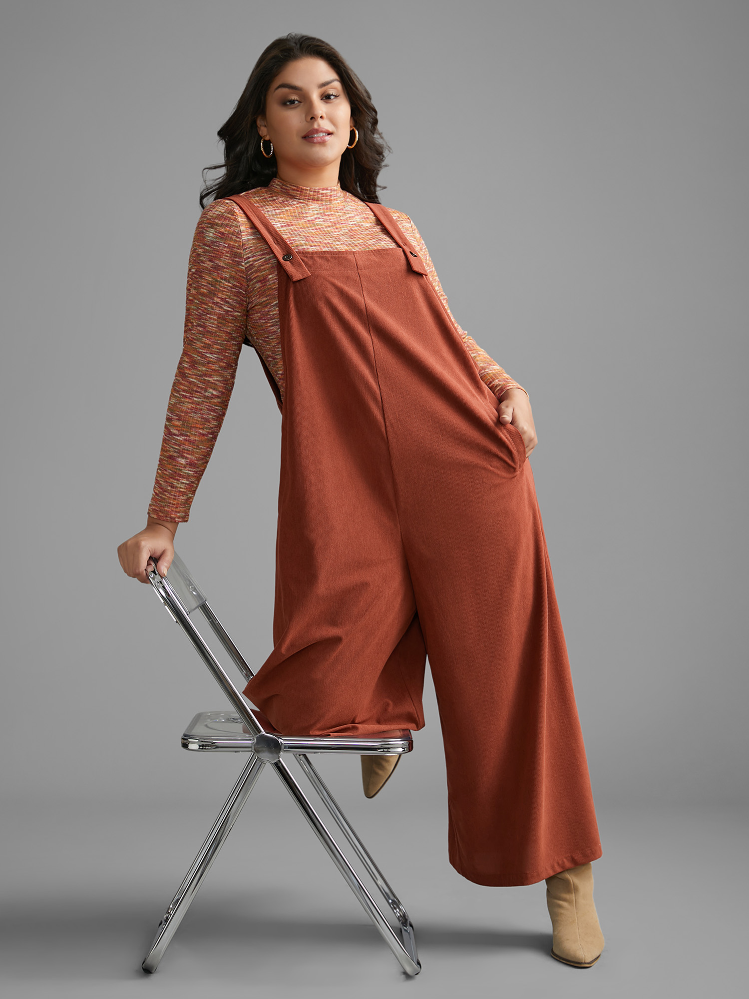 

Plus Size Rust Solid Corduroy Wide Leg Overall Women Casual Sleeveless Non Everyday Loose Jumpsuits BloomChic