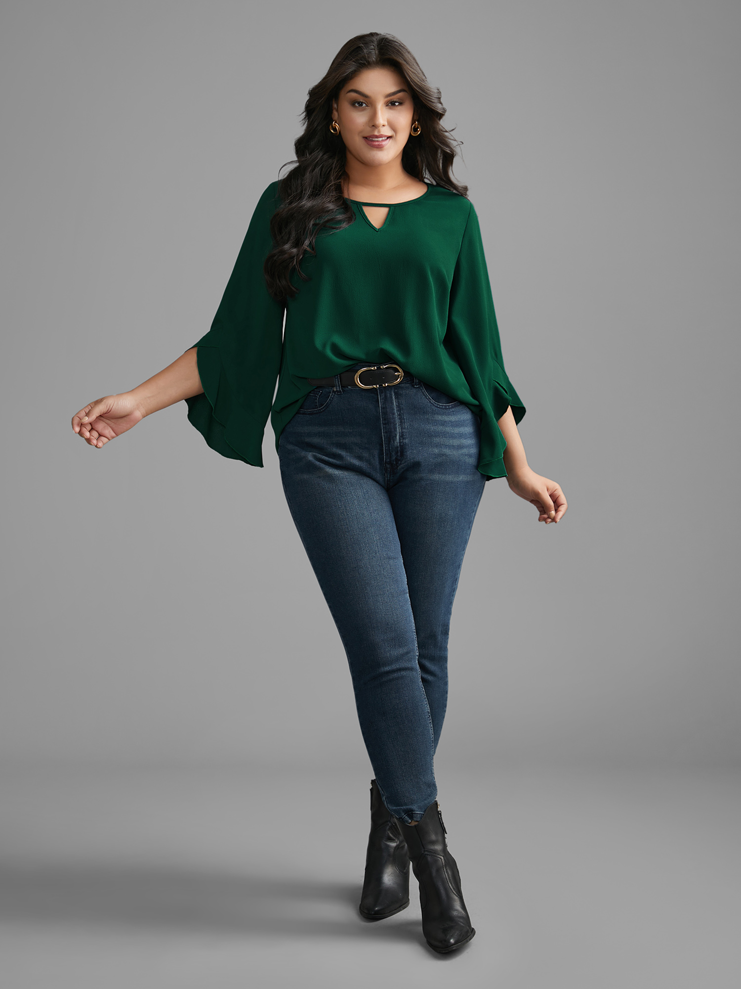 

Plus Size Emerald Solid Keyhole Ruffle Sleeve Blouse Women Elegant Extra Long Sleeve Round Neck Everyday Blouses BloomChic