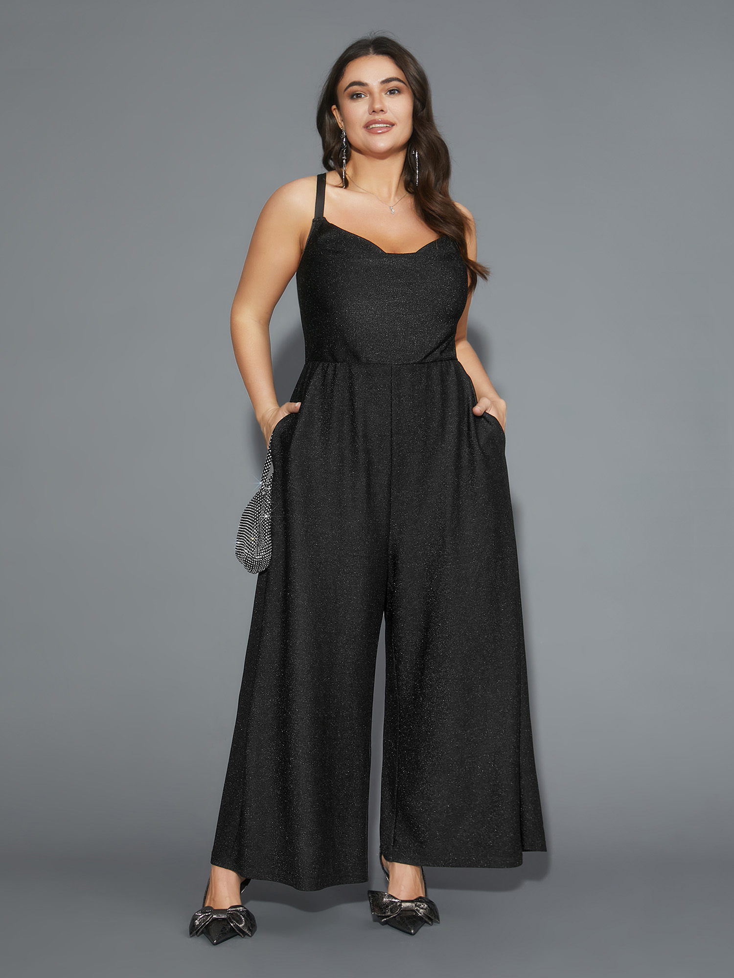 

Plus Size Black Cross Back Straps Cowl Neck Jumpsuit Women Cocktail Sleeveless Cowl Neck Party Loose Jumpsuits BloomChic