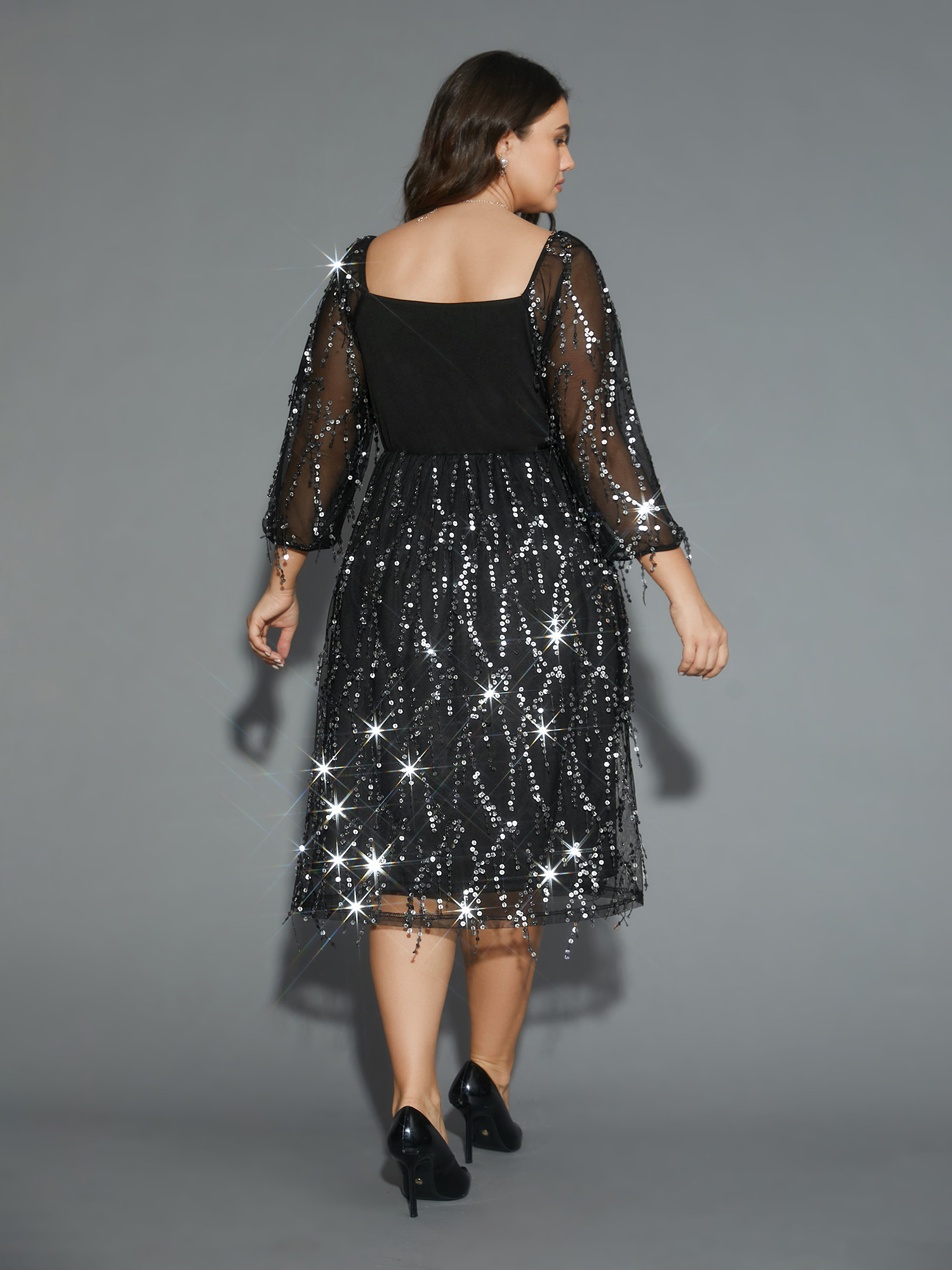 

Plus Size Tassel Sequins Sheer Sleeves Midi Dress Black Women Cocktail Texture Party Curvy Bloomchic