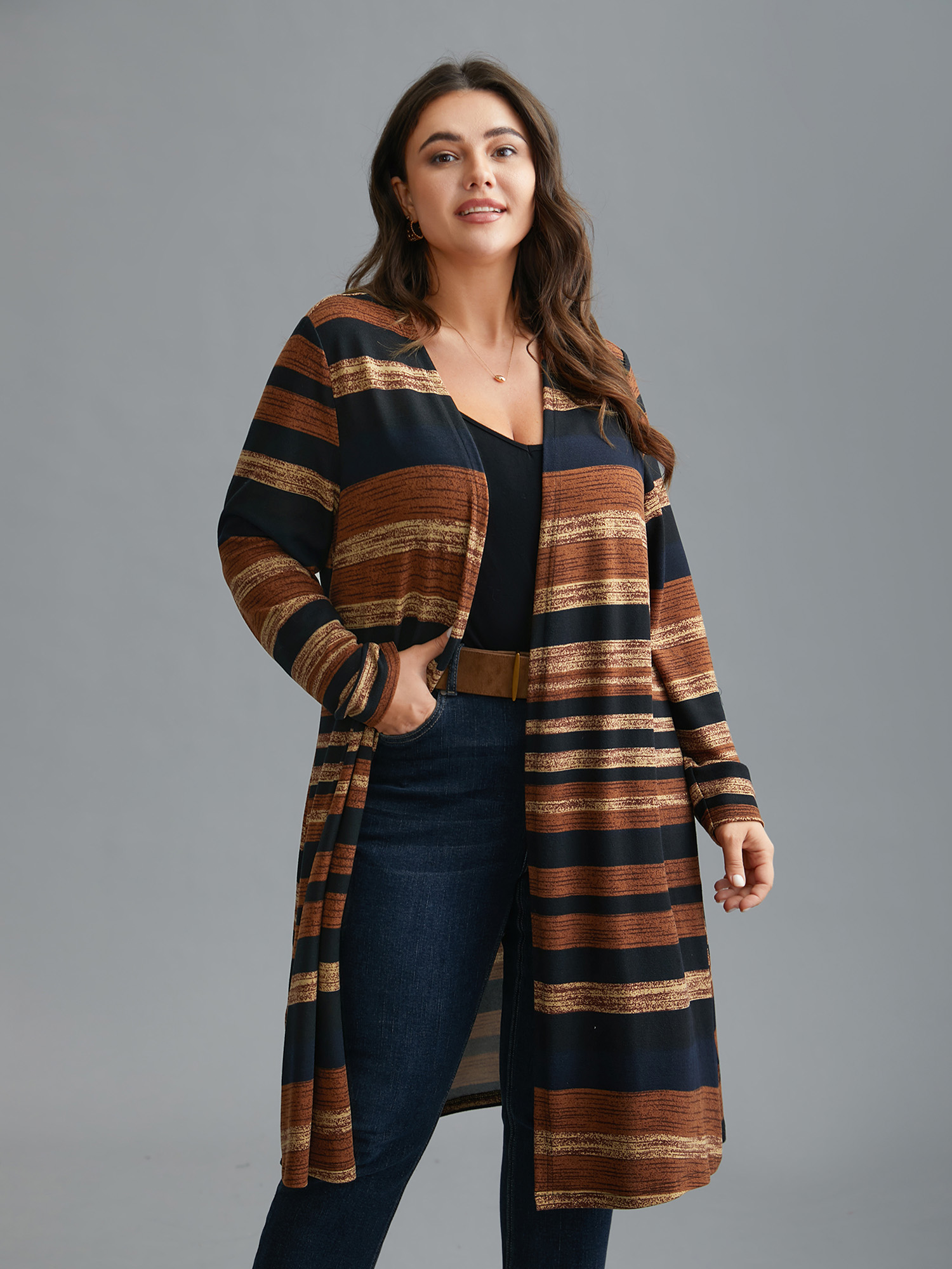 

Plus Size Multi-Color Striped Open-Front Long Jacket Women Multicolor Contrast Loose Everyday Jackets BloomChic