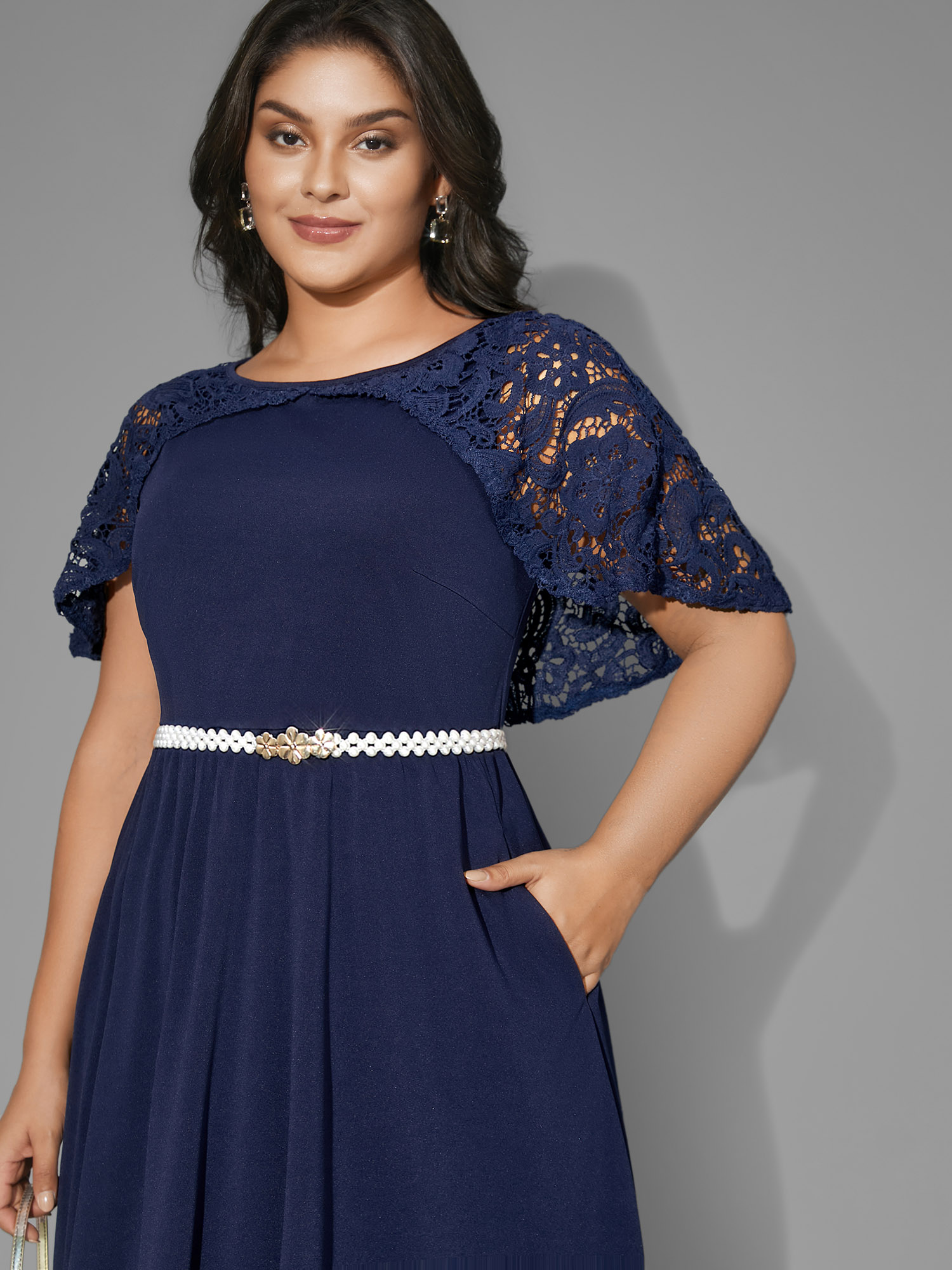 

Plus Size Tiered Lace Panel Elastic Waist Dress Navy Women Cocktail Woven ribbon&lace trim Party Curvy Bloomchic