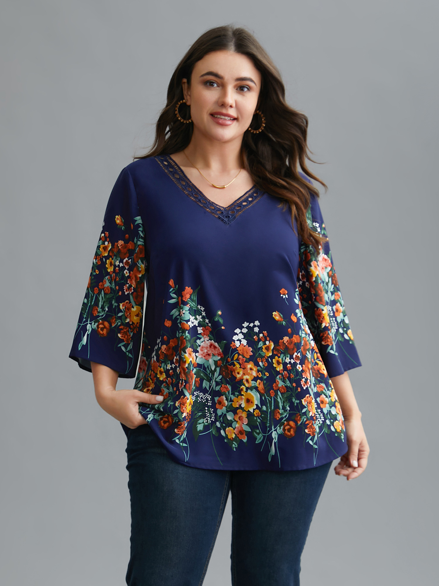 

Plus Size Indigo Floral V Neck Cut-Out Lace Blouse Women Elegant Elbow-length sleeve V-neck Everyday Blouses BloomChic