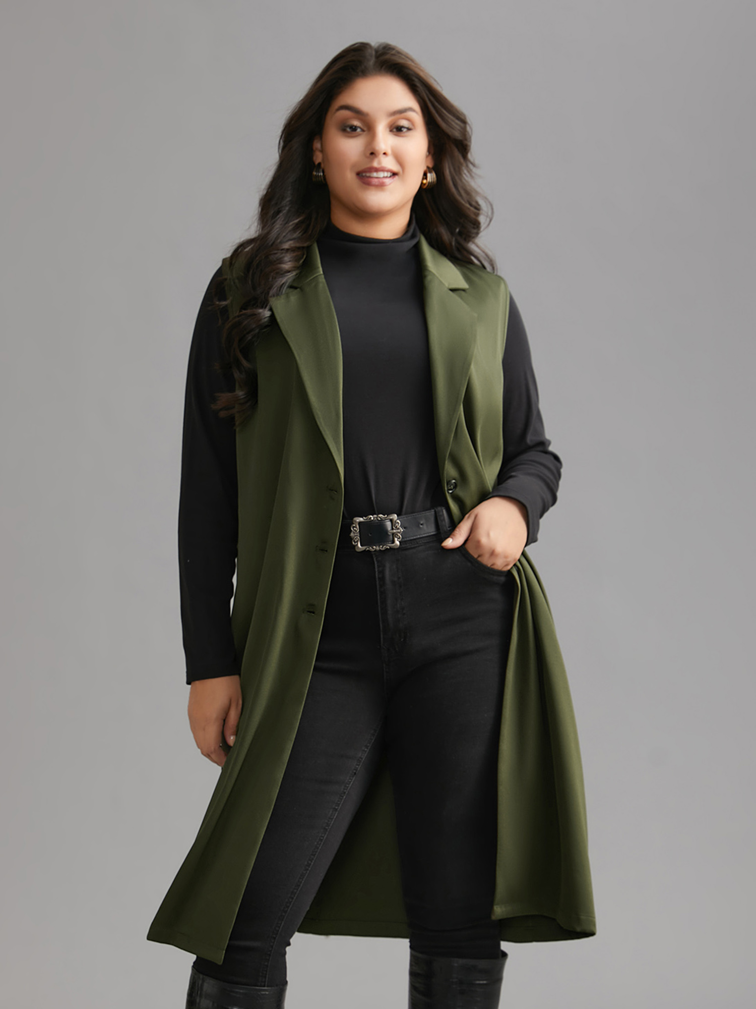 

Plus Size Solid Lapel Collar Pockets Coat Women ArmyGreen Elegant Button Loose Ladies Everyday Winter Coats BloomChic