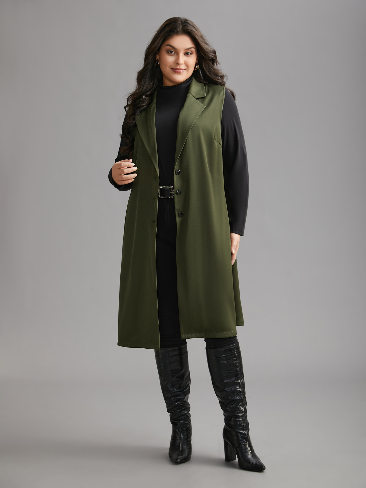 Plus Size Solid Lapel Collar Pockets Coat Women ArmyGreen Elegant Button Loose Ladies Everyday Winter Coats BloomChic 30/6X 