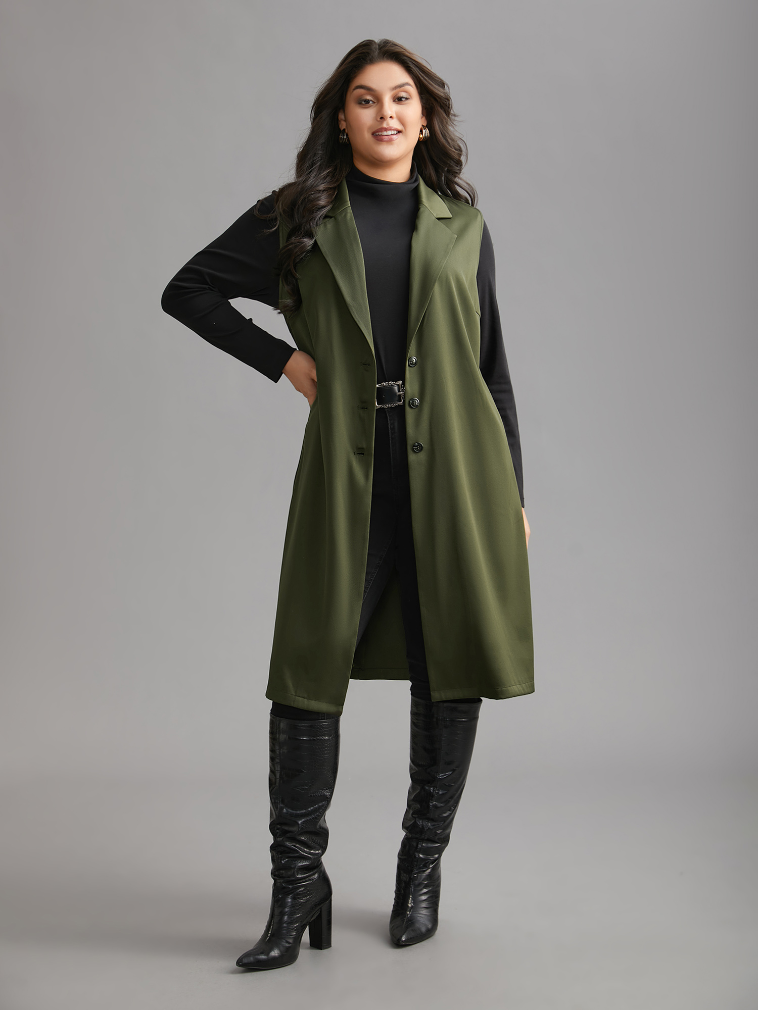 Plus Size Solid Lapel Collar Pockets Coat Women ArmyGreen Elegant Button Loose Ladies Everyday Winter Coats BloomChic 30/6X 