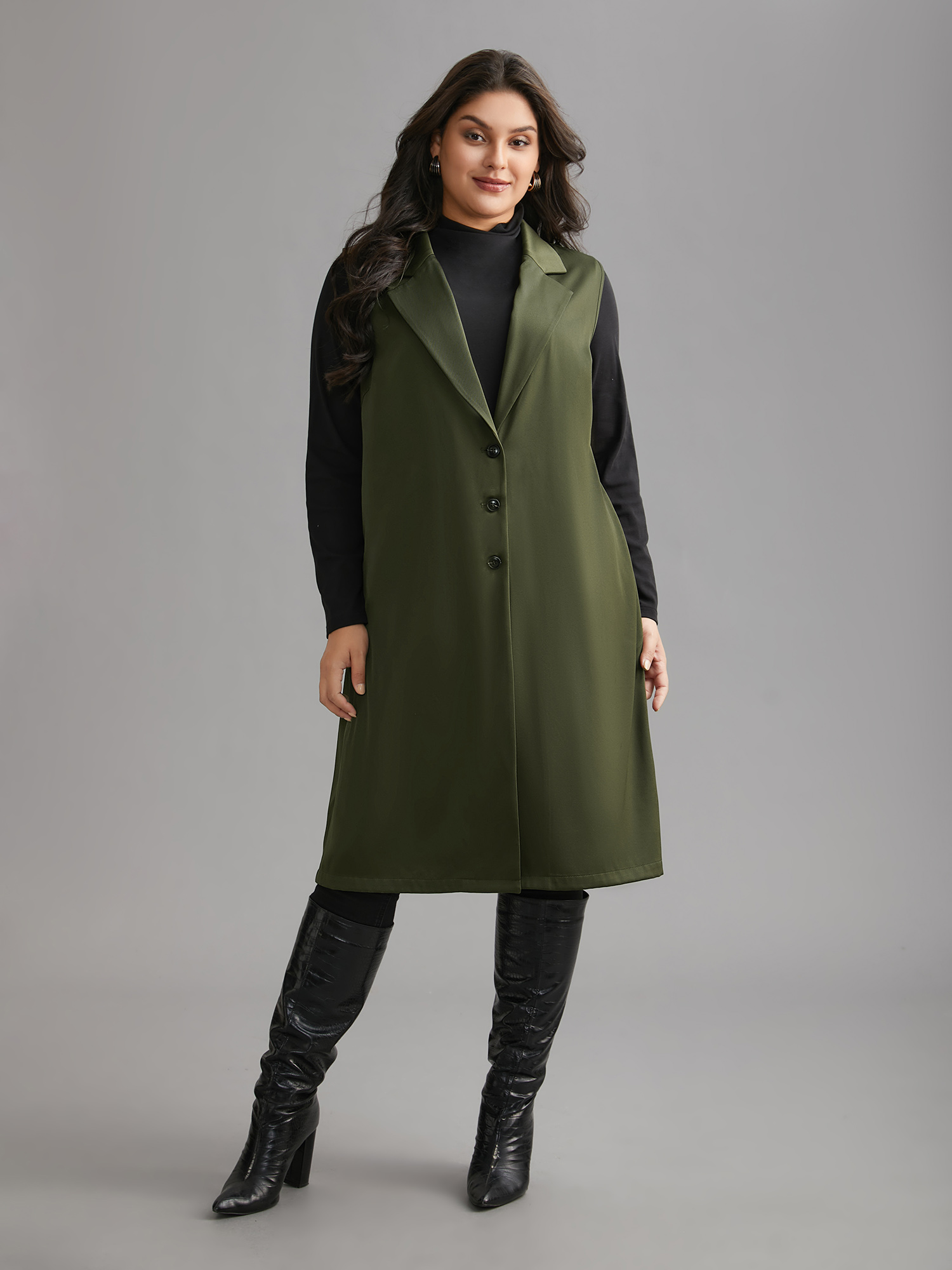 Plus Size Solid Lapel Collar Pockets Coat Women ArmyGreen Elegant Button Loose Ladies Everyday Winter Coats BloomChic 30/6X 