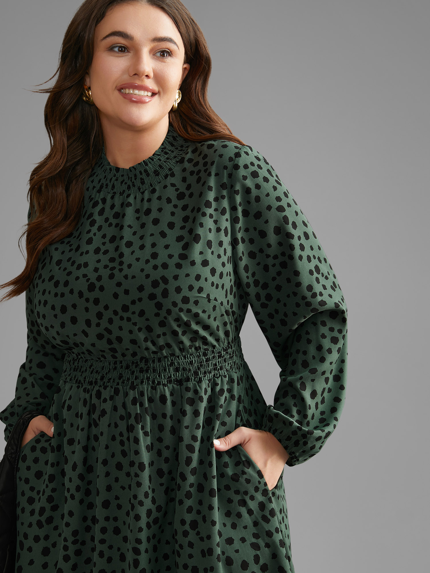 

Plus Size Polka Dot Shirred Frill Trim Dress DarkGreen Women At the Office Frill Trim Mock Neck Long Sleeve Curvy BloomChic