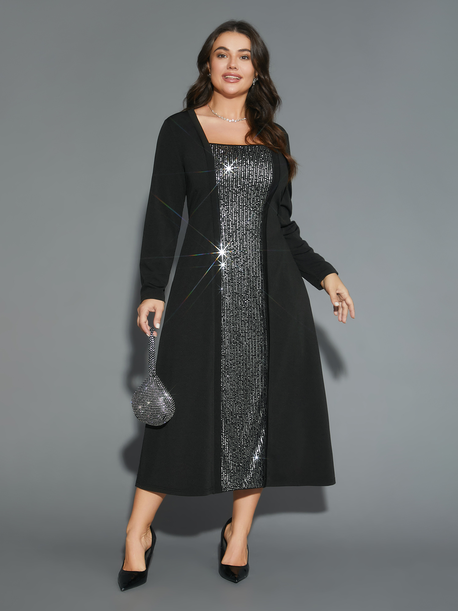 Side view of BloomChic Women's Plus Size Sequin Patchwork Elastic Waist Midi Dress Black Party Midi Patchwork Square Neck 26/4X