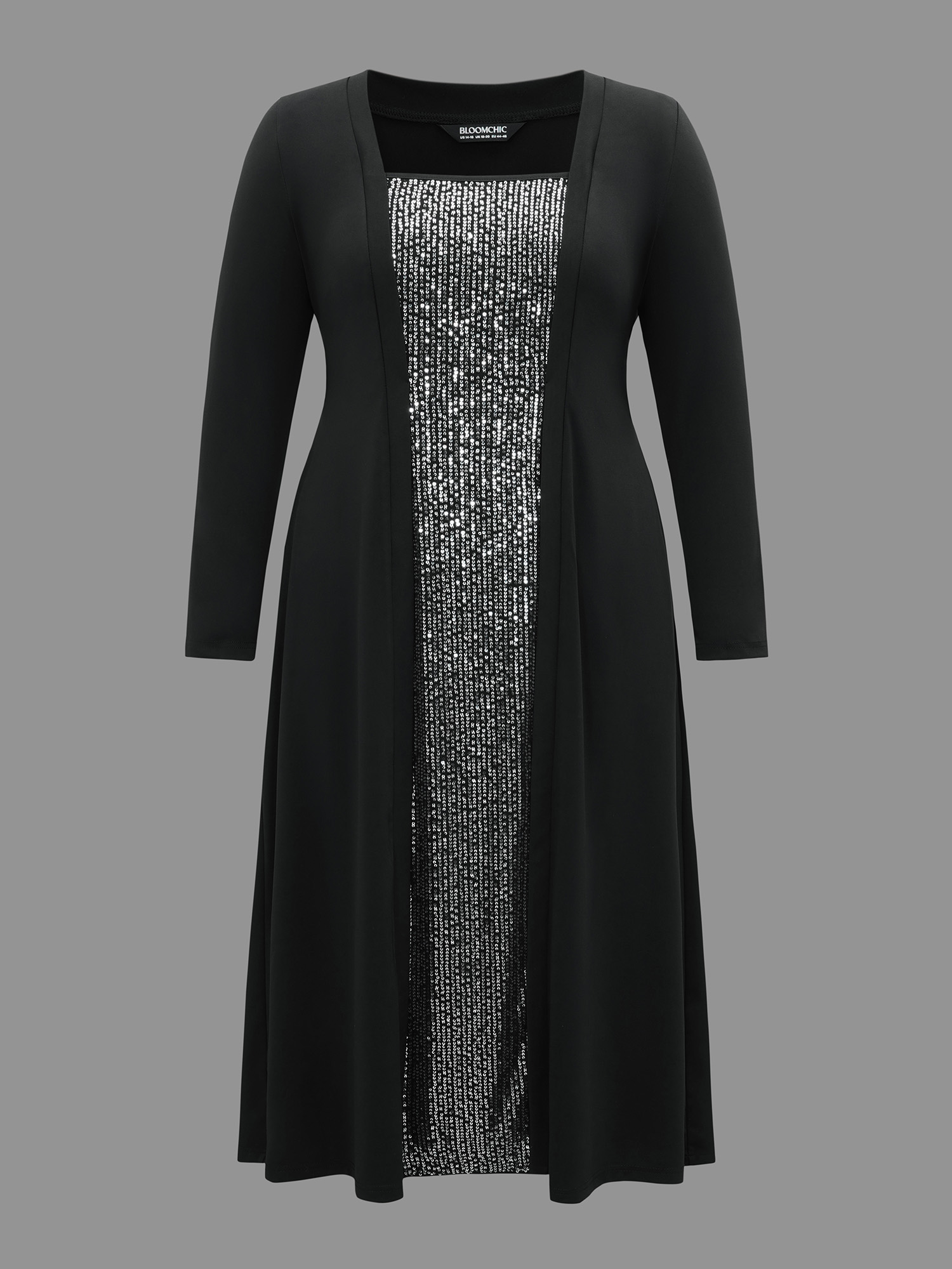 Side view of BloomChic Women's Plus Size Sequin Patchwork Elastic Waist Midi Dress Black Party Midi Patchwork Square Neck 26/4X
