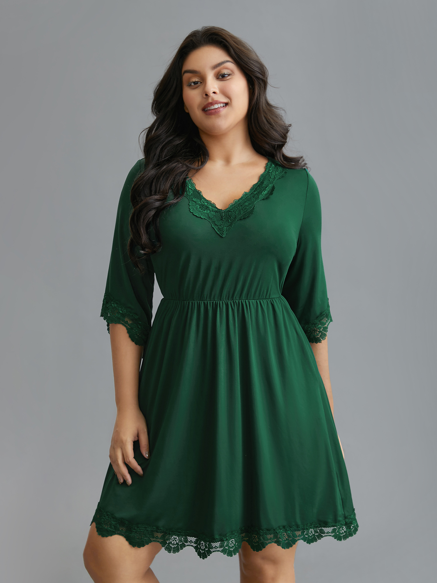 

Plus Size Lace Patchwork Pockets Ruffle Sleeve Dress DarkGreen Elbow-length sleeve V-neck Lounge Everyday  Bloomchic