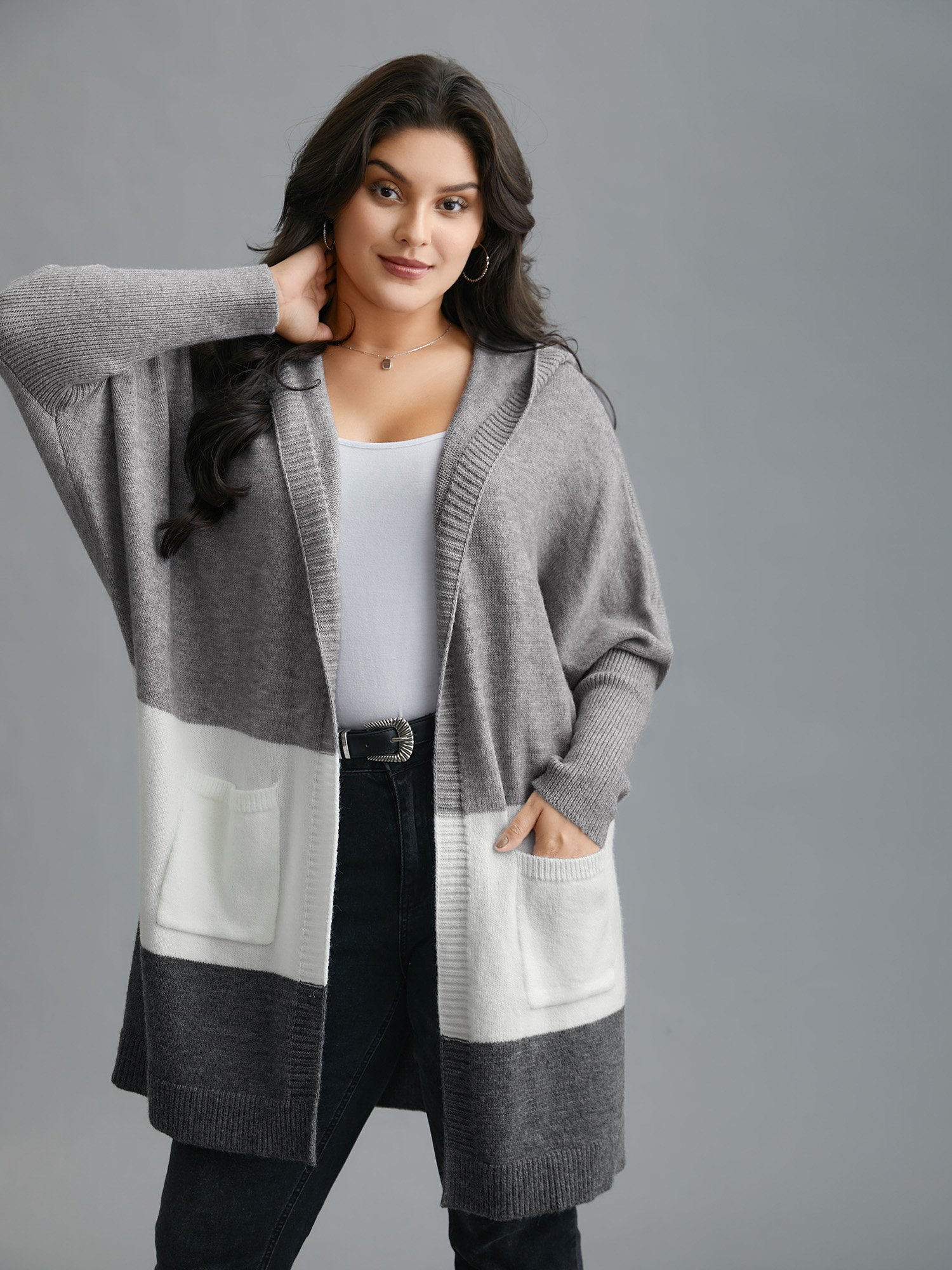 

Plus Size Color Block Dolman Sleeves Hooded Knit Cardigan Mediumgray Women Casual Loose Long Sleeve Everyday Cardigans BloomChic