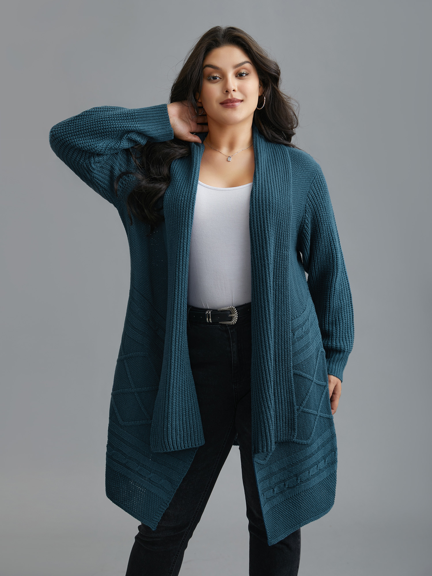 

Plus Size Cable Knit Asymmetrical Hem Open-Front Cardigan Cyan Women Casual Loose Long Sleeve Everyday Cardigans BloomChic