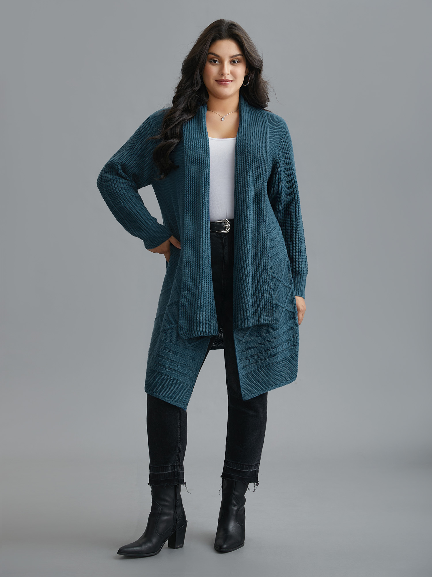 Plus Size Cable Knit Asymmetrical Hem Open-Front Cardigan Cyan Women Casual Loose Long Sleeve Everyday Cardigans BloomChic 12/L 
