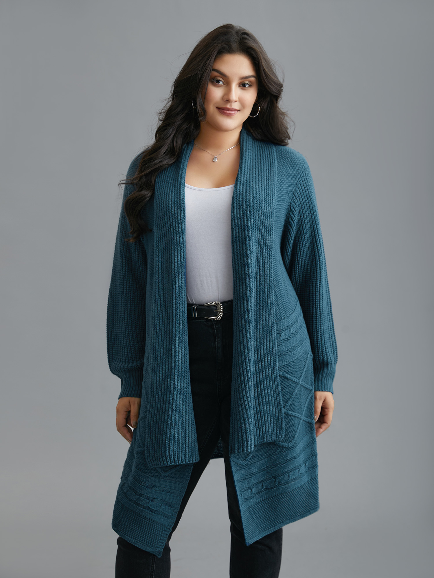 Plus Size Cable Knit Asymmetrical Hem Open-Front Cardigan Cyan Women Casual Loose Long Sleeve Everyday Cardigans BloomChic 12/L 