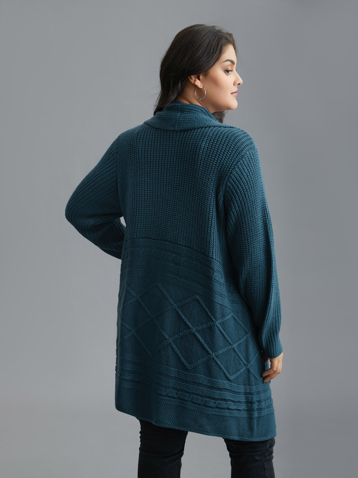 Plus Size Cable Knit Asymmetrical Hem Open-Front Cardigan Cyan Women Casual Loose Long Sleeve Everyday Cardigans BloomChic 12/L 