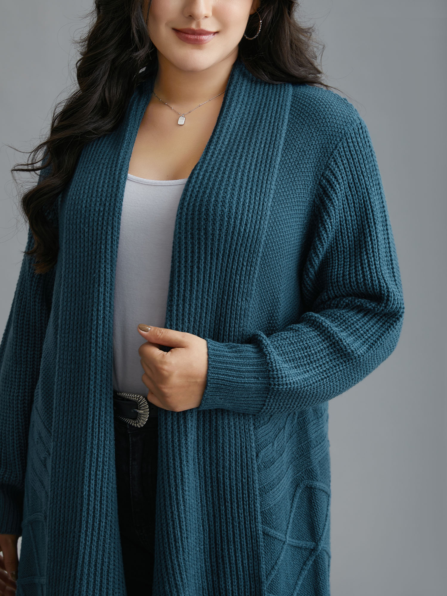 Plus Size Cable Knit Asymmetrical Hem Open-Front Cardigan Cyan Women Casual Loose Long Sleeve Everyday Cardigans BloomChic 12/L 