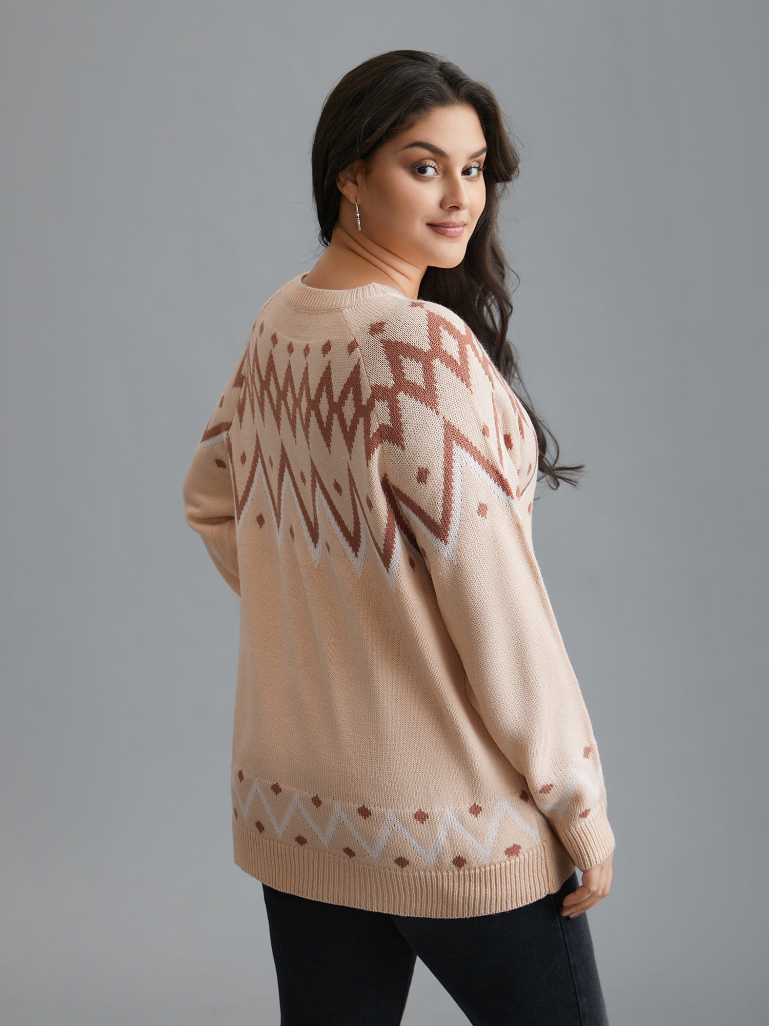 

Plus Size Jacquard Print Button Round Neck Pullover Apricot Women Casual Loose Long Sleeve Round Neck Everyday Pullovers BloomChic