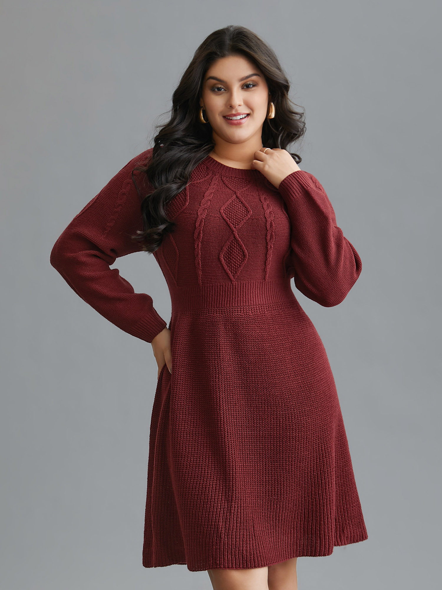 

Plus Size Cable Knit Raglan Sleeve Midi Sweater Dress Burgundy Women Casual Bodycon Long Sleeve Everyday Sweater Dresses BloomChic