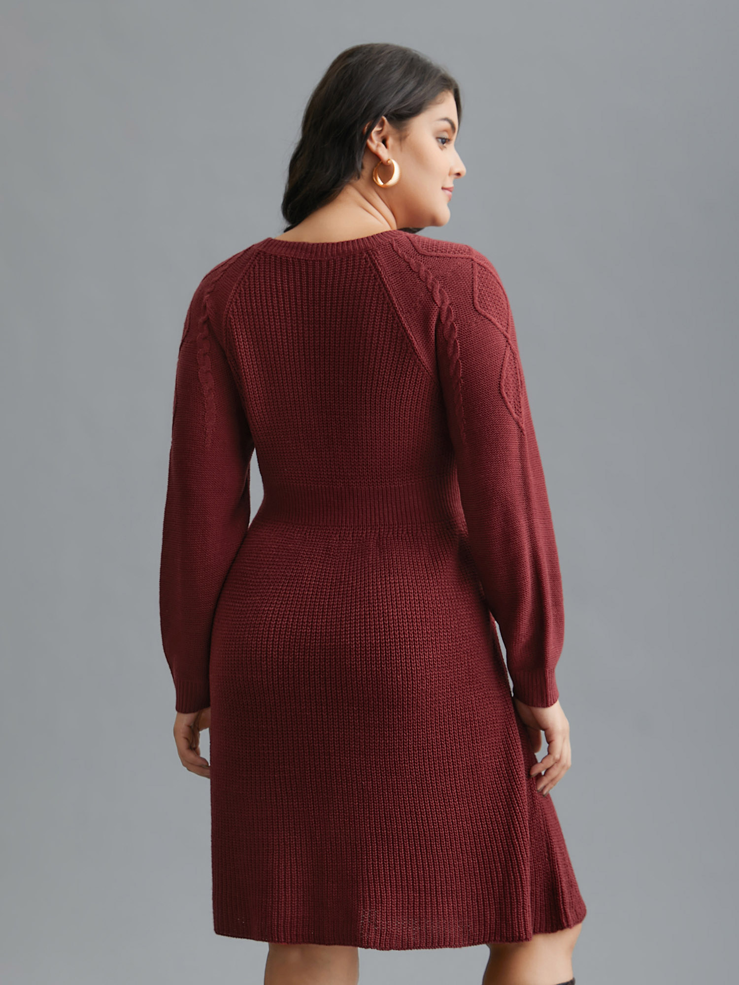 

Plus Size Cable Knit Raglan Sleeve Midi Sweater Dress Burgundy Women Casual Bodycon Long Sleeve Everyday Sweater Dresses BloomChic