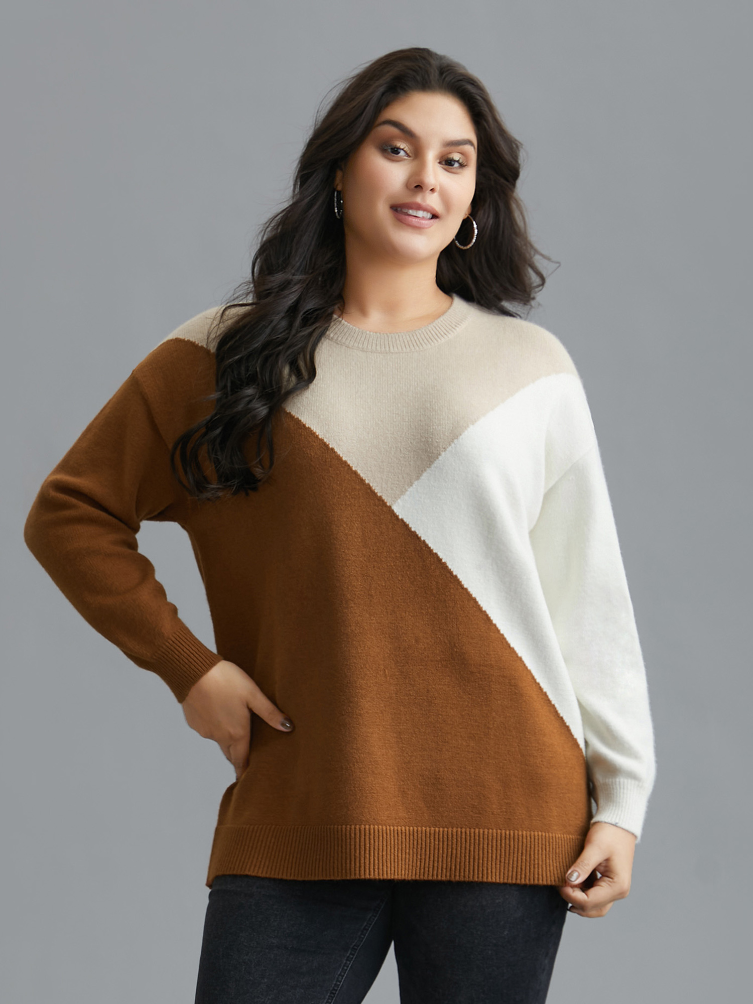 

Plus Size Supersoft Essentials Color Block Crew Neck Pullover Yellowishbrown Women Casual Loose Long Sleeve Round Neck Everyday Pullovers BloomChic