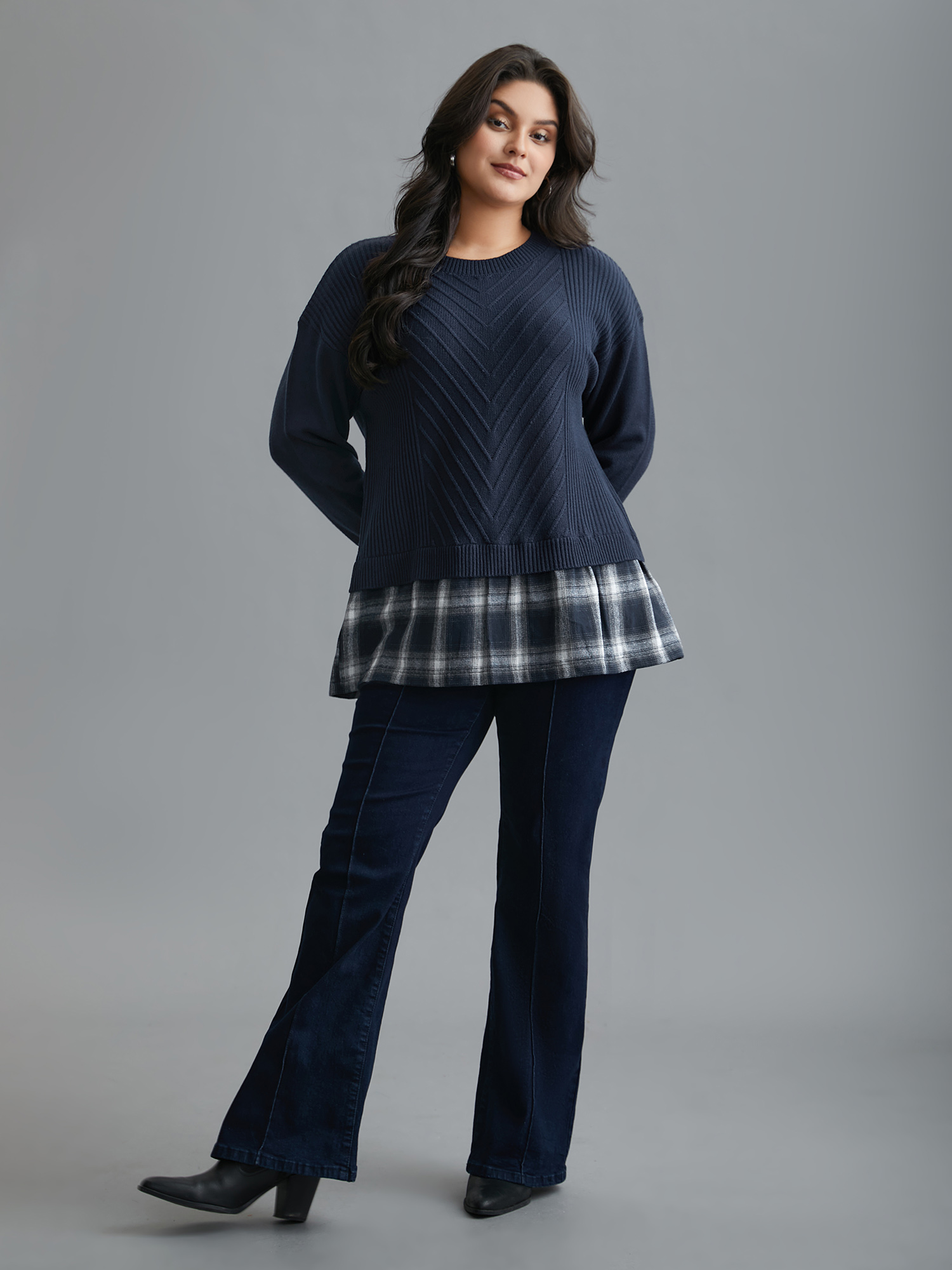 

Plus Size 2-In-1 Plaid Patchwork Texture Pullover Indigo Women Casual Loose Long Sleeve Non Everyday Pullovers BloomChic