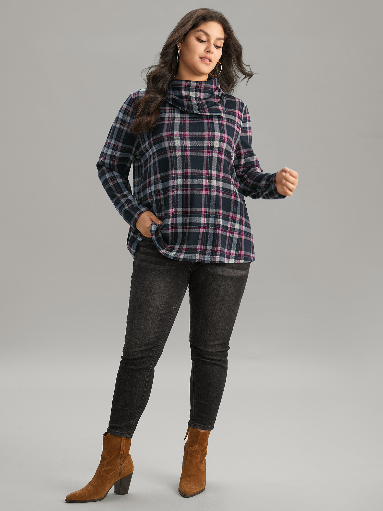 

Plus Size Plaid Funnel Neck Button Detail T-shirt RedViolet Ruffled collar Long Sleeve Casual Jersey Tops