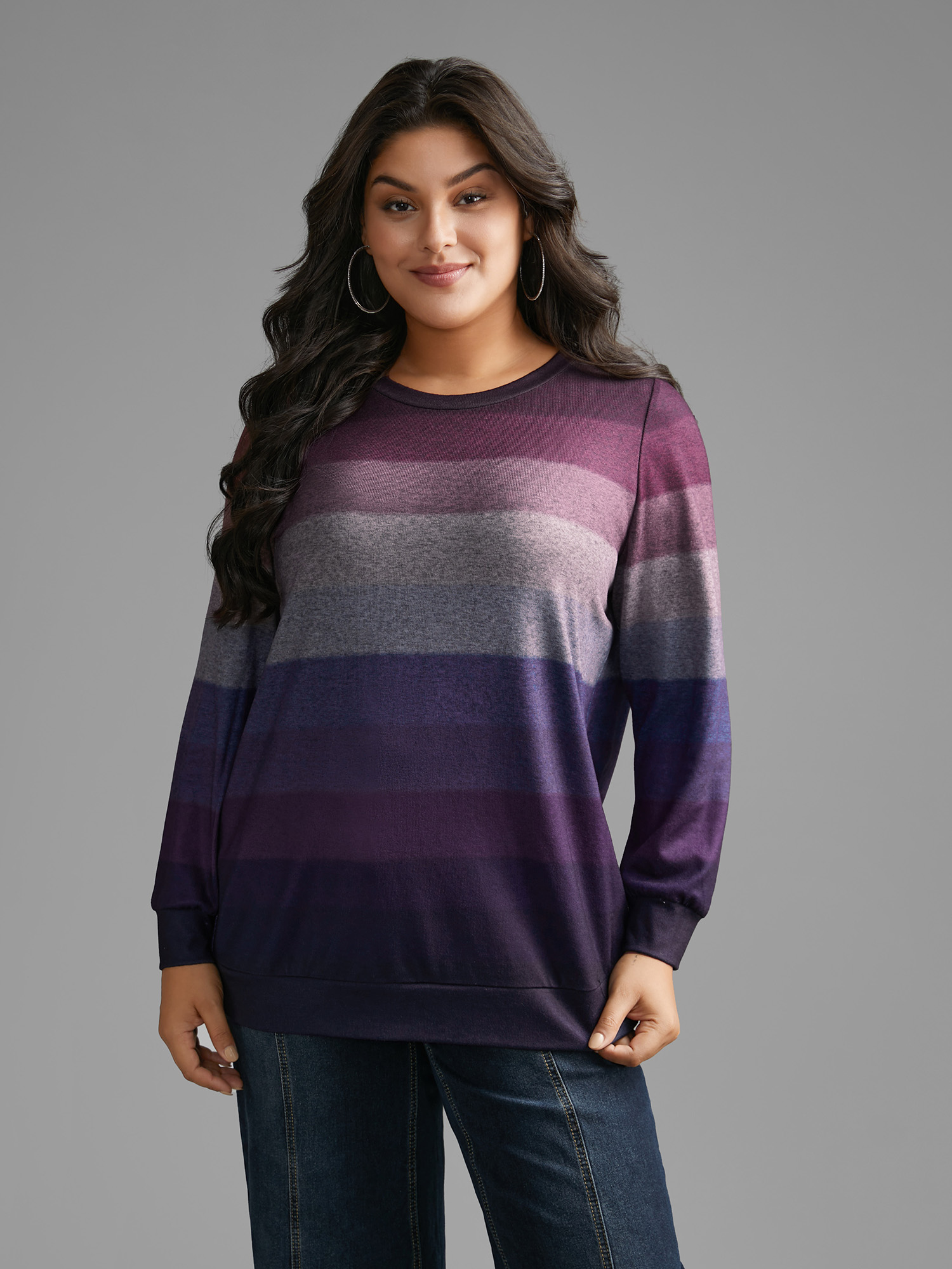 

Plus Size Ombre Contrast Round Neck Sweatshirt Women Eggplant Casual Contrast Loose Round Neck Everyday Sweatshirts BloomChic