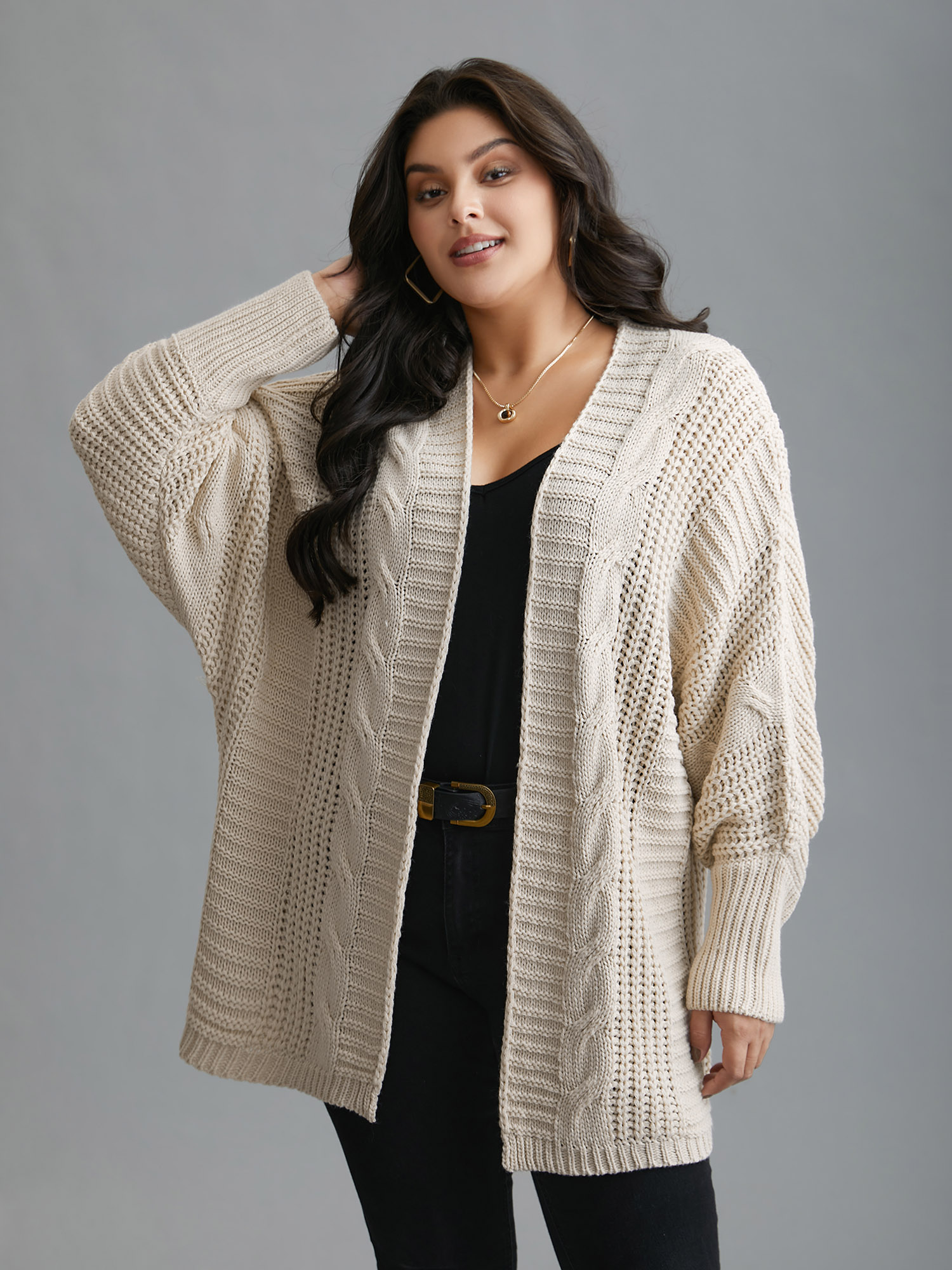 

Plus Size Cable Knit Open-Front Ribbed Knit Cardigan Apricot Women Casual Loose Long Sleeve Everyday Cardigans BloomChic