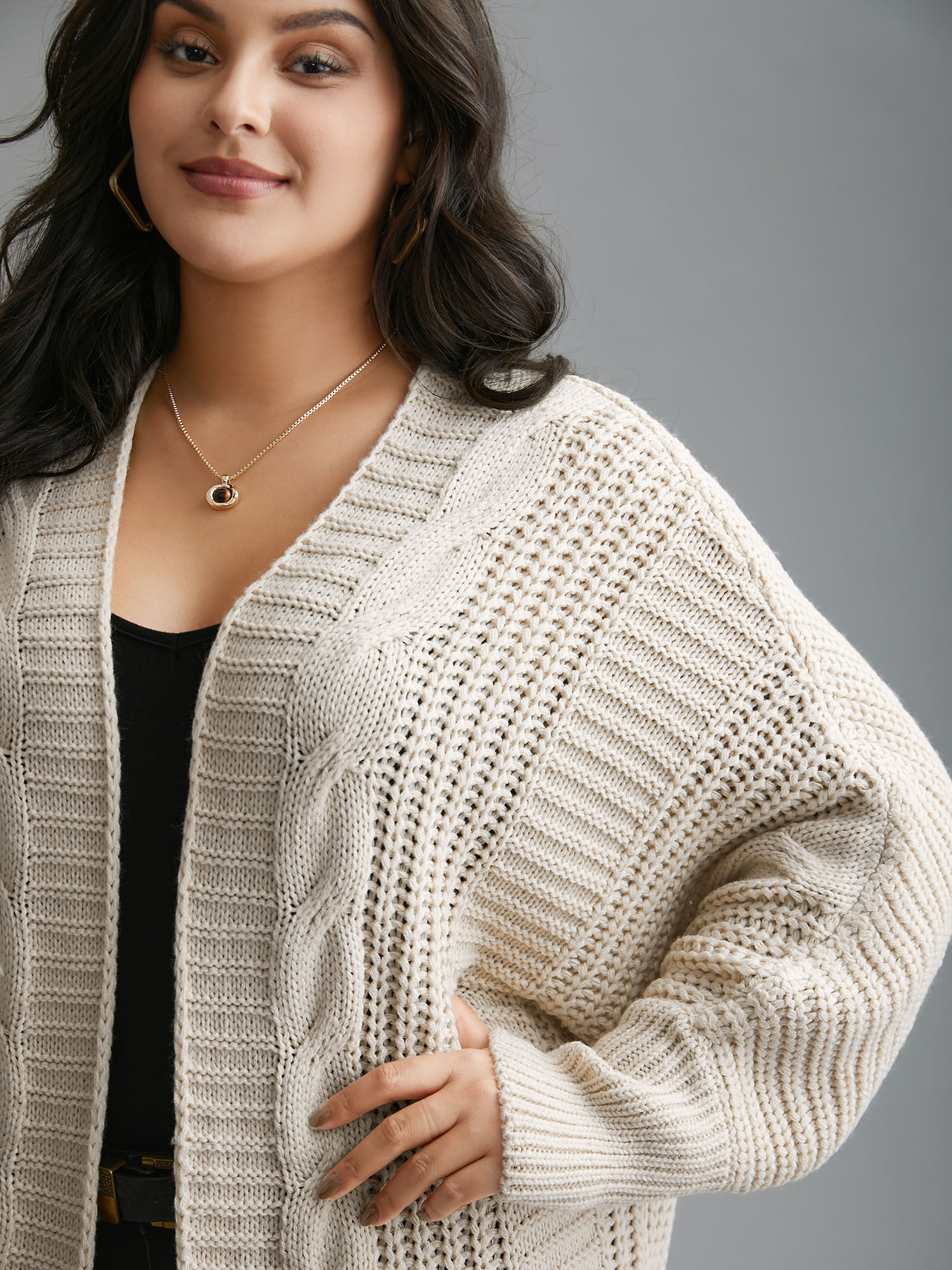 

Plus Size Cable Knit Open-Front Ribbed Knit Cardigan Apricot Women Casual Loose Long Sleeve Everyday Cardigans BloomChic