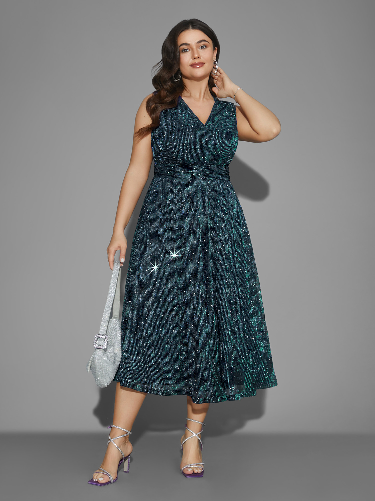 

Plus Size Sequin Surplice Neckline Sleeveless Midi Dress Aegean Women Cocktail Texture Party Curvy Bloomchic