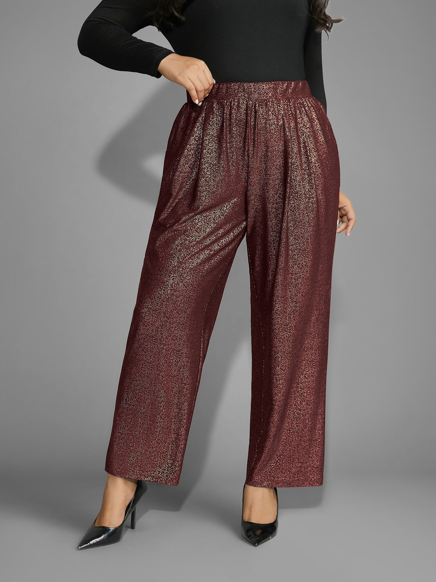 

Plus Size Sequin Knit Elastic Waist Holiday Pants Women Burgundy Formal Mid Rise Party Pants BloomChic