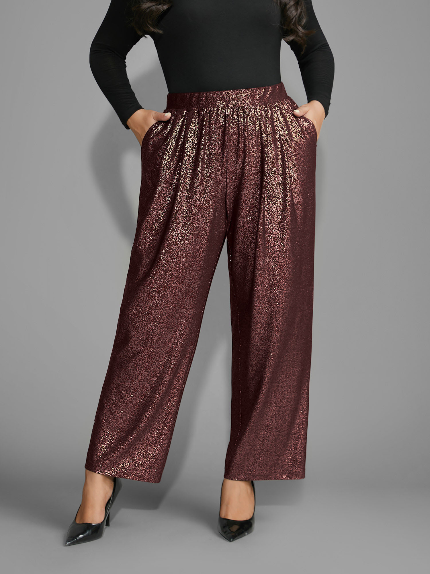 

Plus Size Sequin Knit Elastic Waist Holiday Pants Women Burgundy Formal Mid Rise Party Pants BloomChic