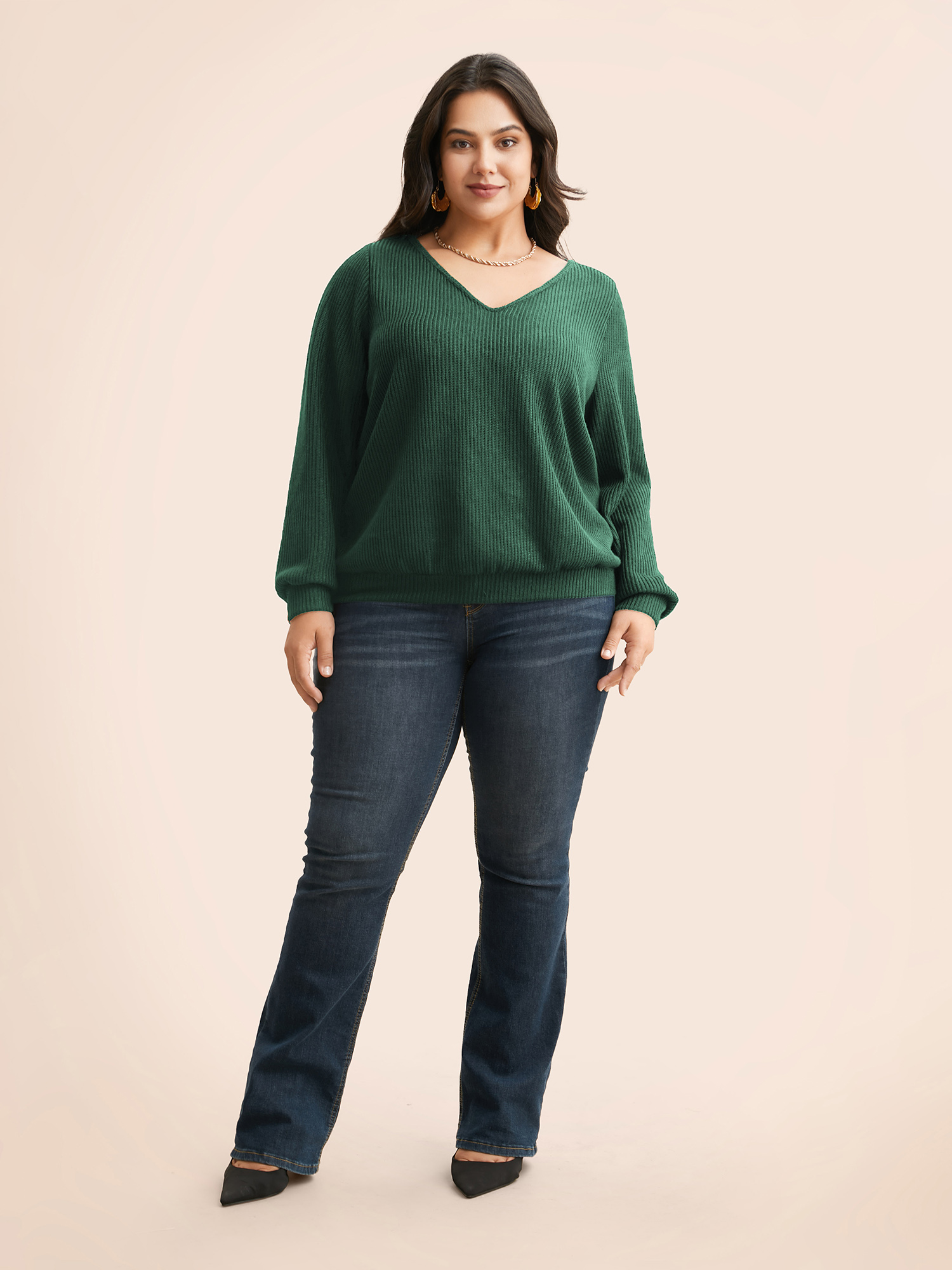 Plus Size Textured Contrast Tie Knot Sweatshirt Women DarkGreen Elegant Tie knot V-neck Everyday Sweatshirts BloomChic 28/5X 