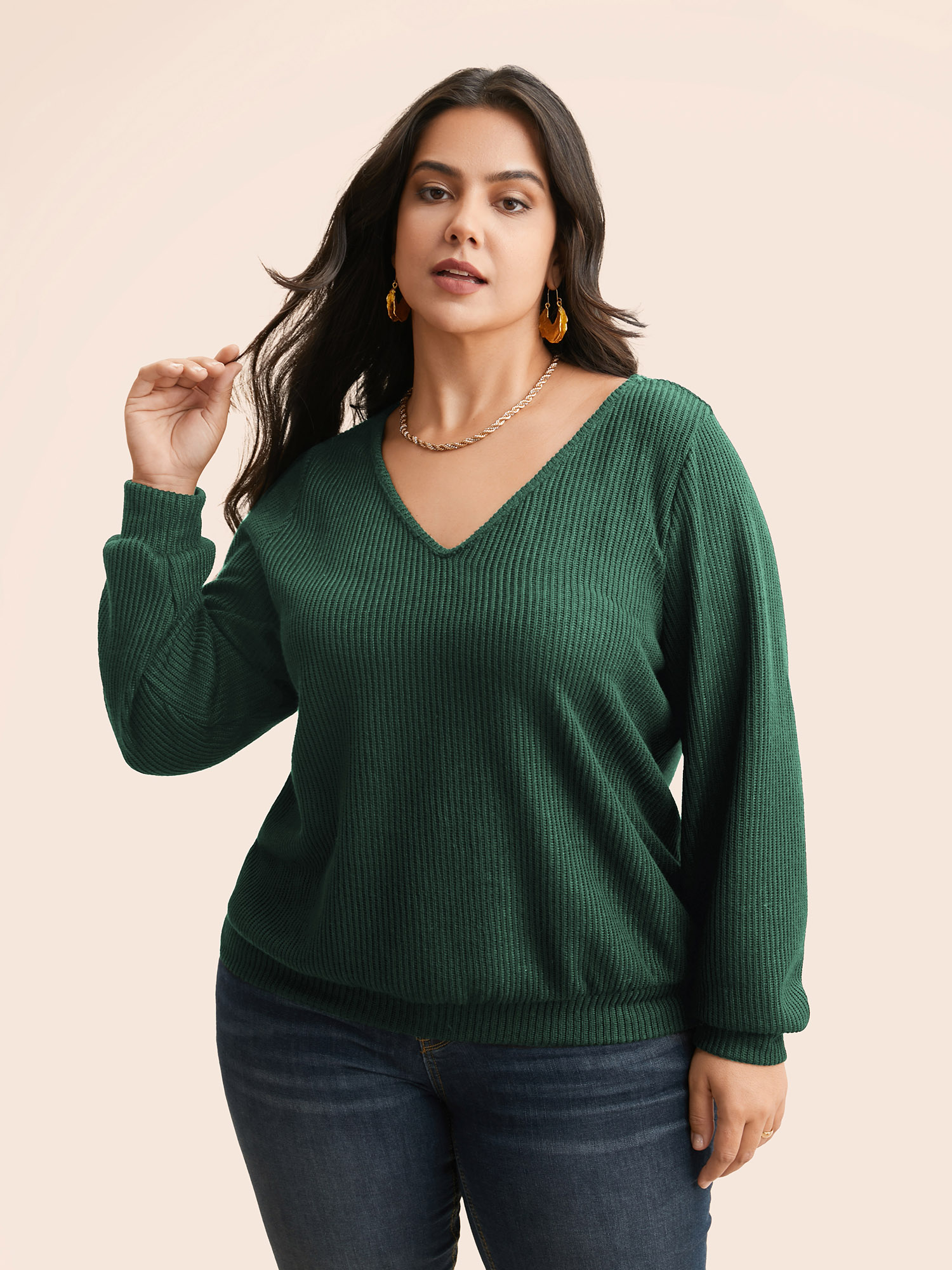 Plus Size Textured Contrast Tie Knot Sweatshirt Women DarkGreen Elegant Tie knot V-neck Everyday Sweatshirts BloomChic 28/5X 