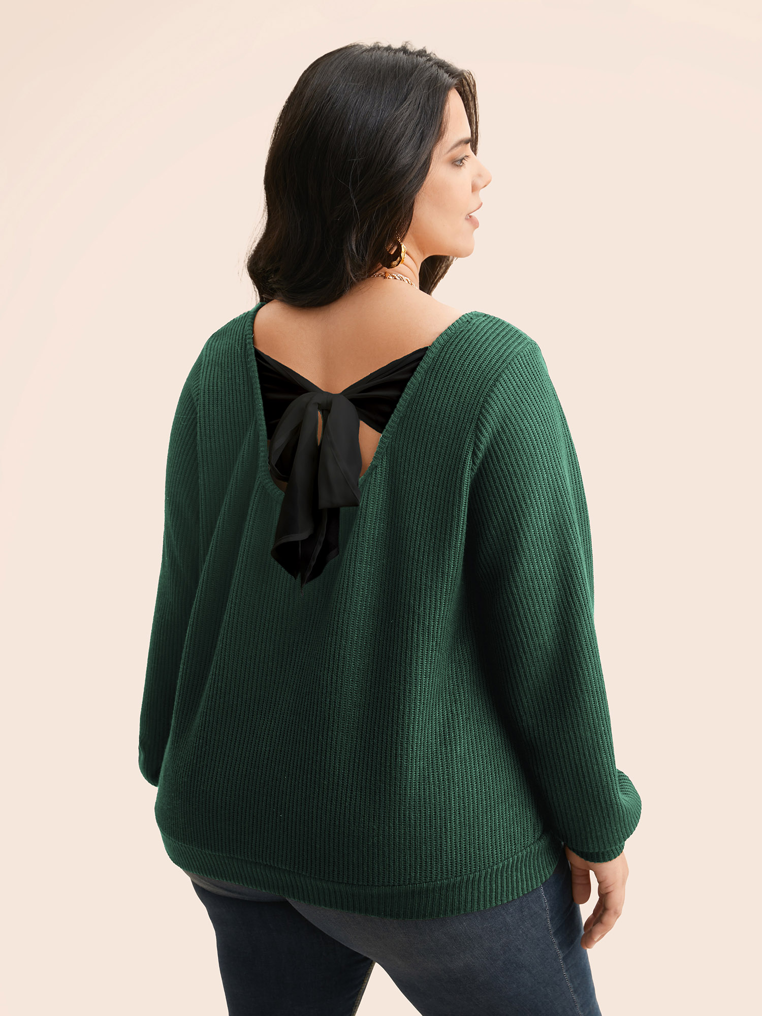 

Plus Size Textured Contrast Tie Knot Sweatshirt Women DarkGreen Elegant Tie knot V-neck Everyday Sweatshirts BloomChic