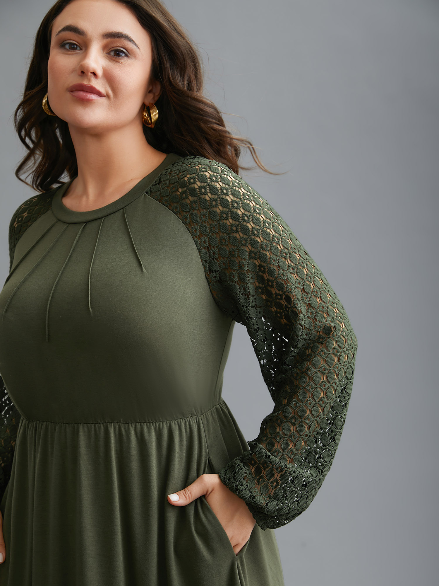 

Plus Size Crew Neck Crochet Lace Pleated Dress ArmyGreen Women Casual Tucked seam Round Neck Long Sleeve Curvy BloomChic