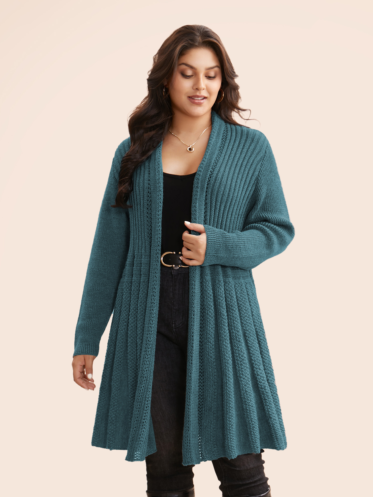 

Plus Size Plain Textured Kimono Collar Cardigan Teal Women Casual Loose Long Sleeve Everyday Cardigans BloomChic