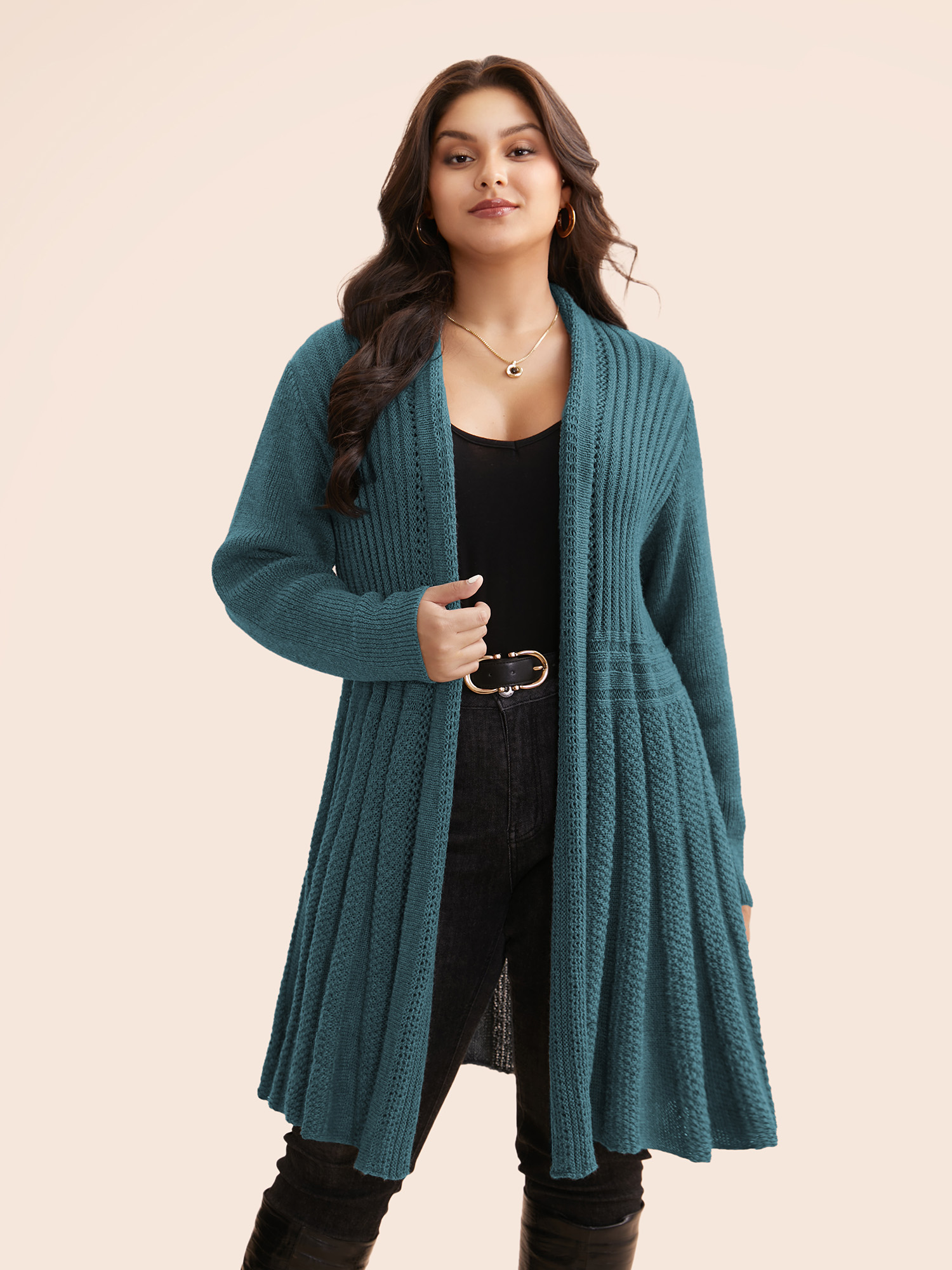 

Plus Size Plain Textured Kimono Collar Cardigan Teal Women Casual Loose Long Sleeve Everyday Cardigans BloomChic