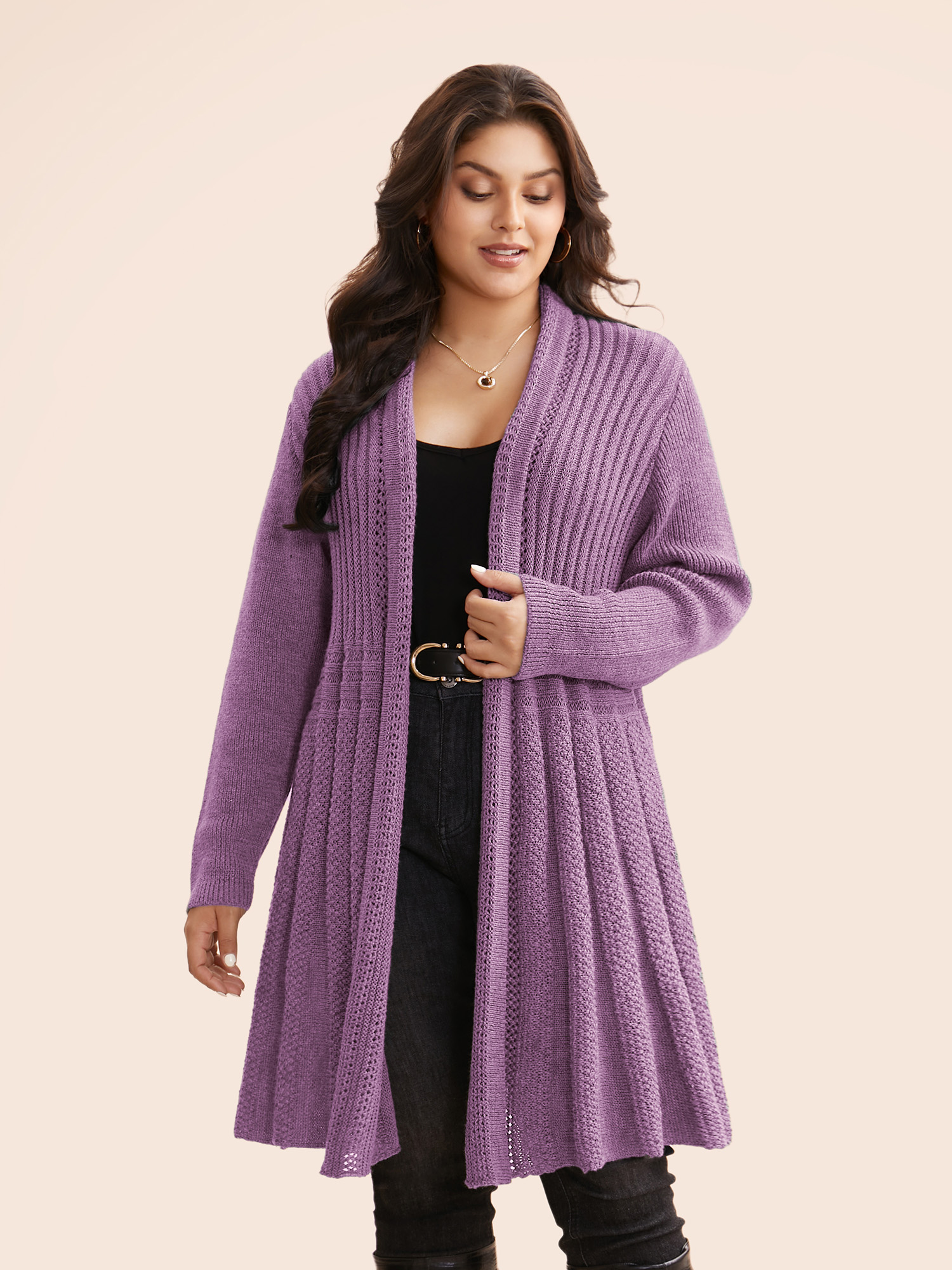 

Plus Size Plain Textured Kimono Collar Cardigan Lilac Women Casual Loose Long Sleeve Everyday Cardigans BloomChic