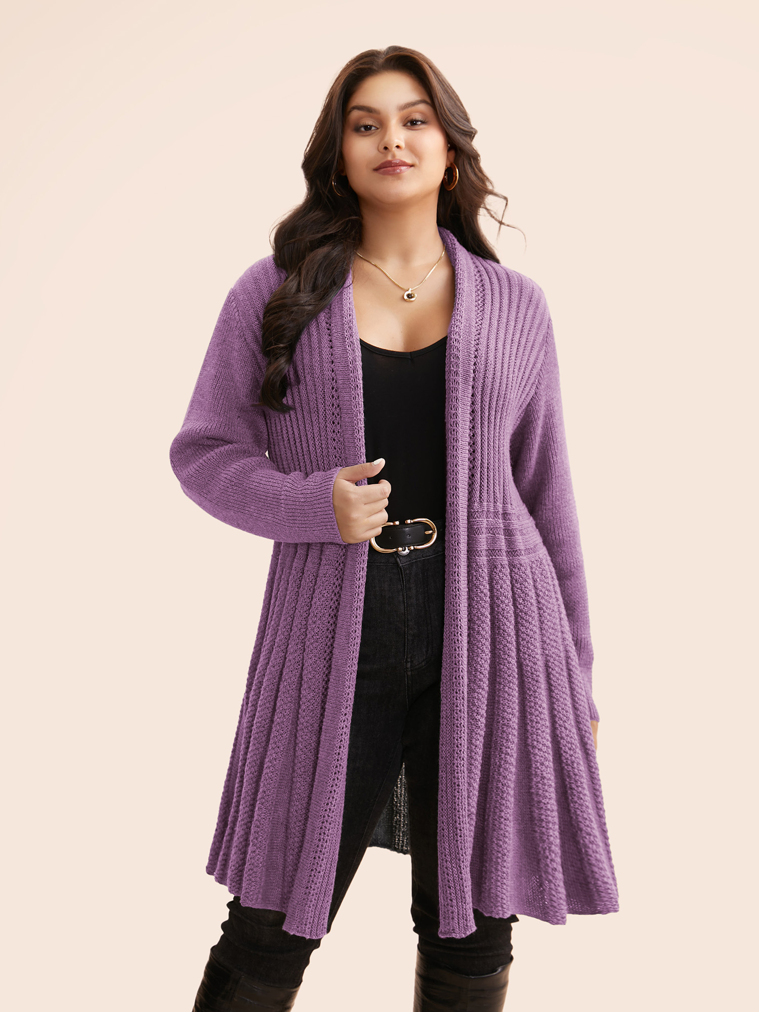 

Plus Size Plain Textured Kimono Collar Cardigan Lilac Women Casual Loose Long Sleeve Everyday Cardigans BloomChic