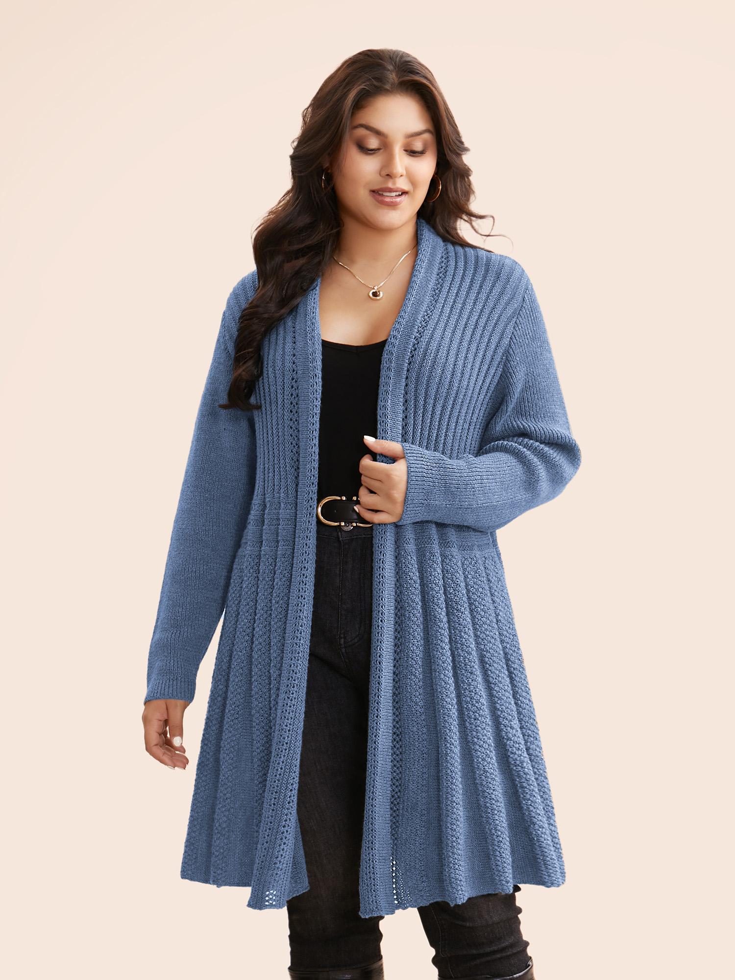 

Plus Size Plain Textured Kimono Collar Cardigan Stone Women Casual Loose Long Sleeve Everyday Cardigans BloomChic