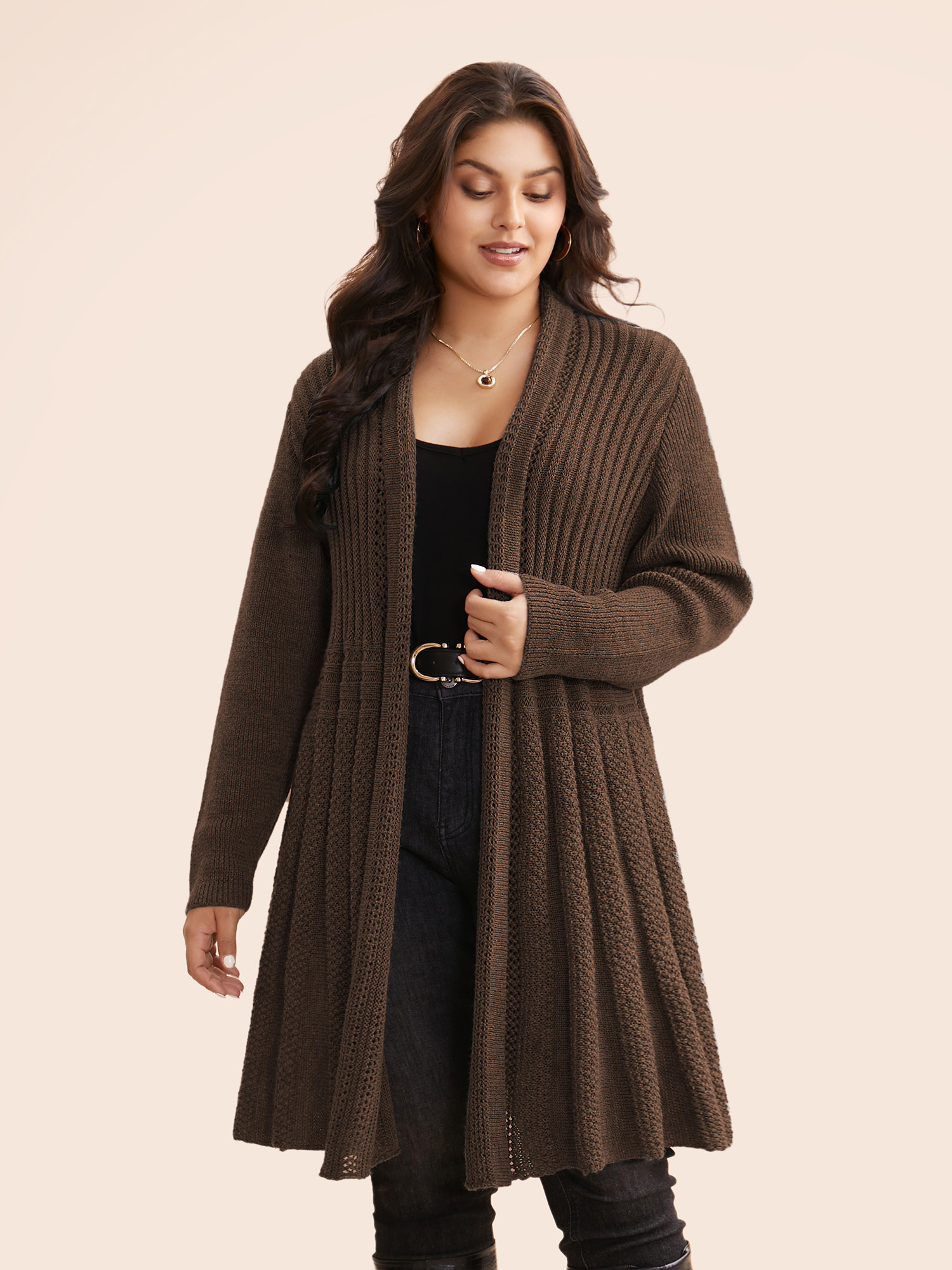 

Plus Size Plain Textured Kimono Collar Cardigan Browncoffeecolor Women Casual Loose Long Sleeve Everyday Cardigans BloomChic