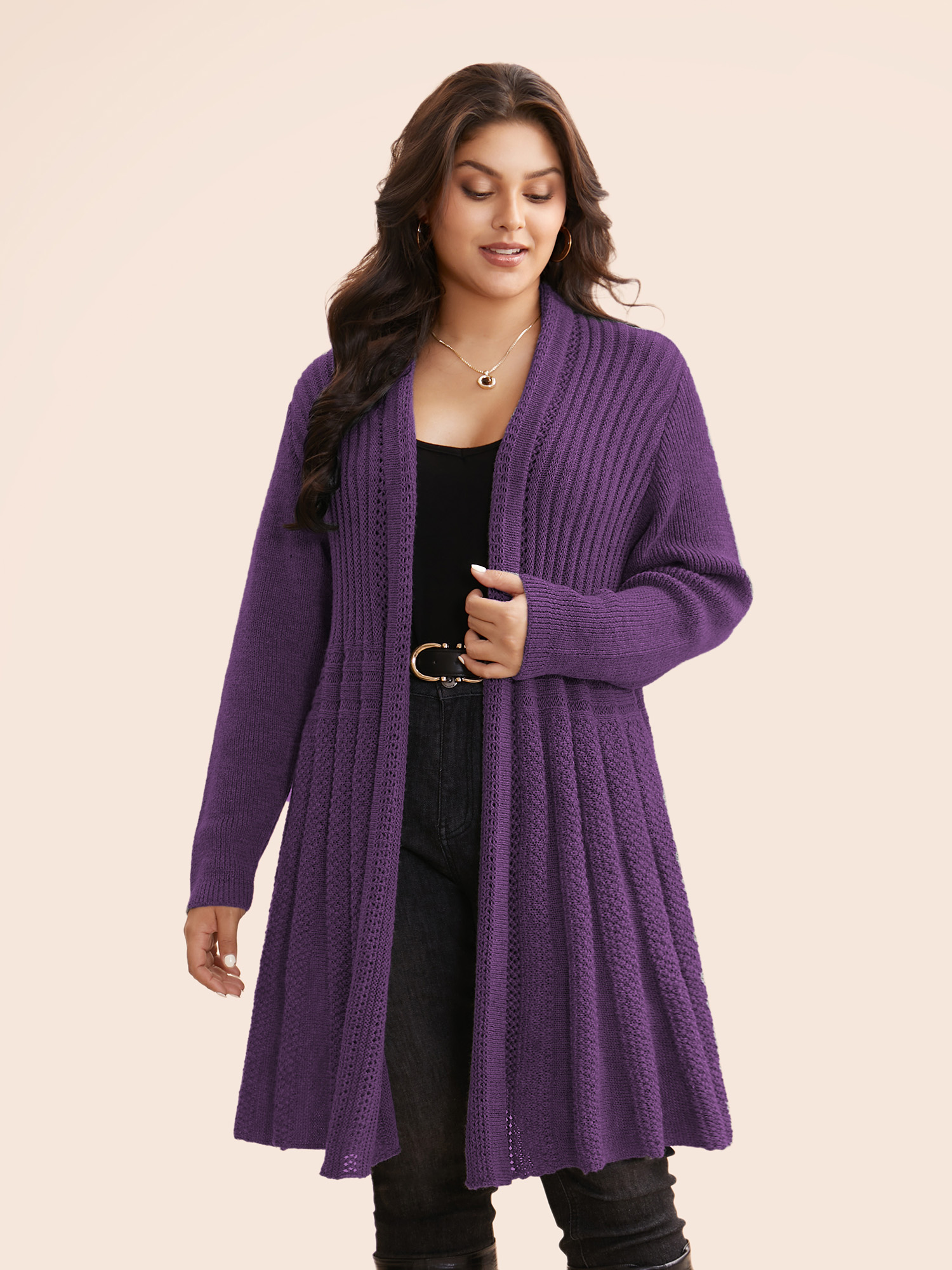 

Plus Size Plain Textured Kimono Collar Cardigan Deeppurple Women Casual Loose Long Sleeve Everyday Cardigans BloomChic