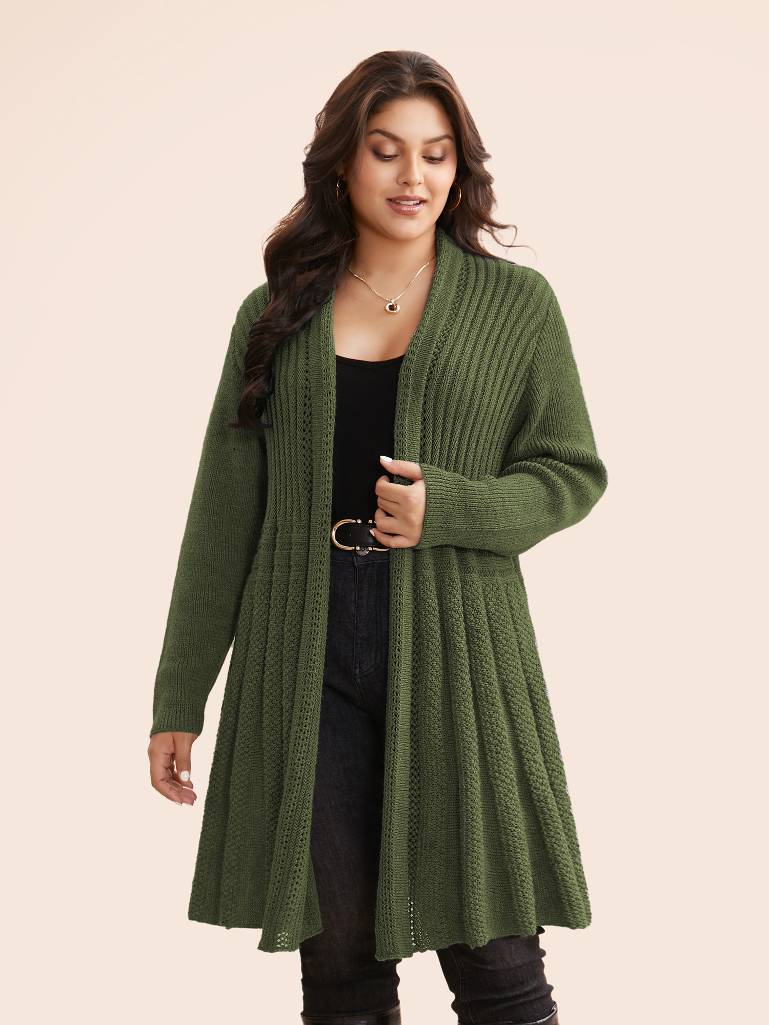 

Plus Size Plain Textured Kimono Collar Cardigan ArmyGreen Women Casual Loose Long Sleeve Everyday Cardigans BloomChic