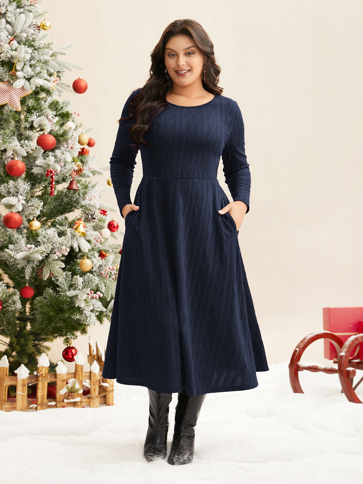 

Plus Size Textured Knit Fit-And-Flare Midi Dress Midnight Women Casual Texture Round Neck Long Sleeve Curvy BloomChic