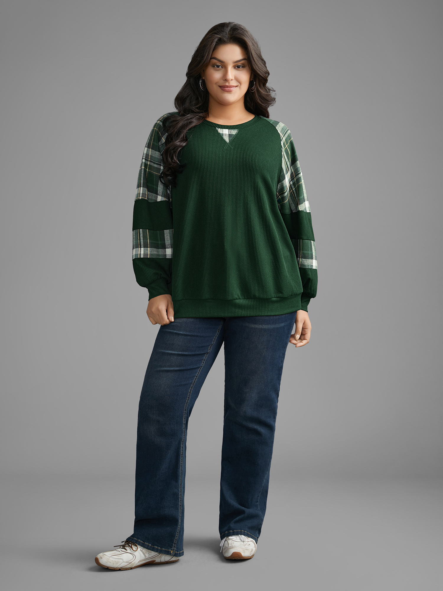 

Plus Size Plaid Patchwork Raglan Sleeve Sweatshirt Women DarkGreen Casual Texture Round Neck Everyday Sweatshirts BloomChic