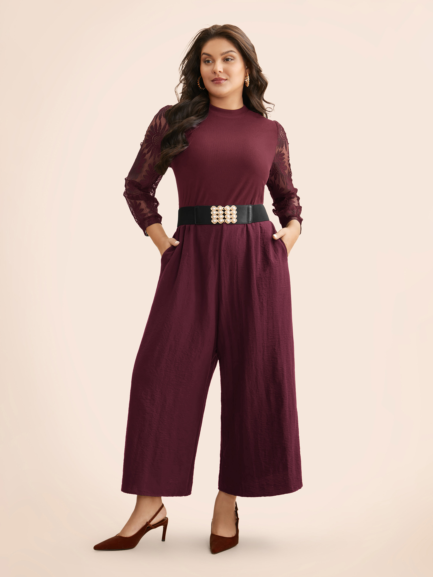 

Plus Size Plum Crochet Lace Mesh Mock Neck Jumpsuit Women Elegant Long Sleeve Mock Neck Everyday Loose Jumpsuits BloomChic