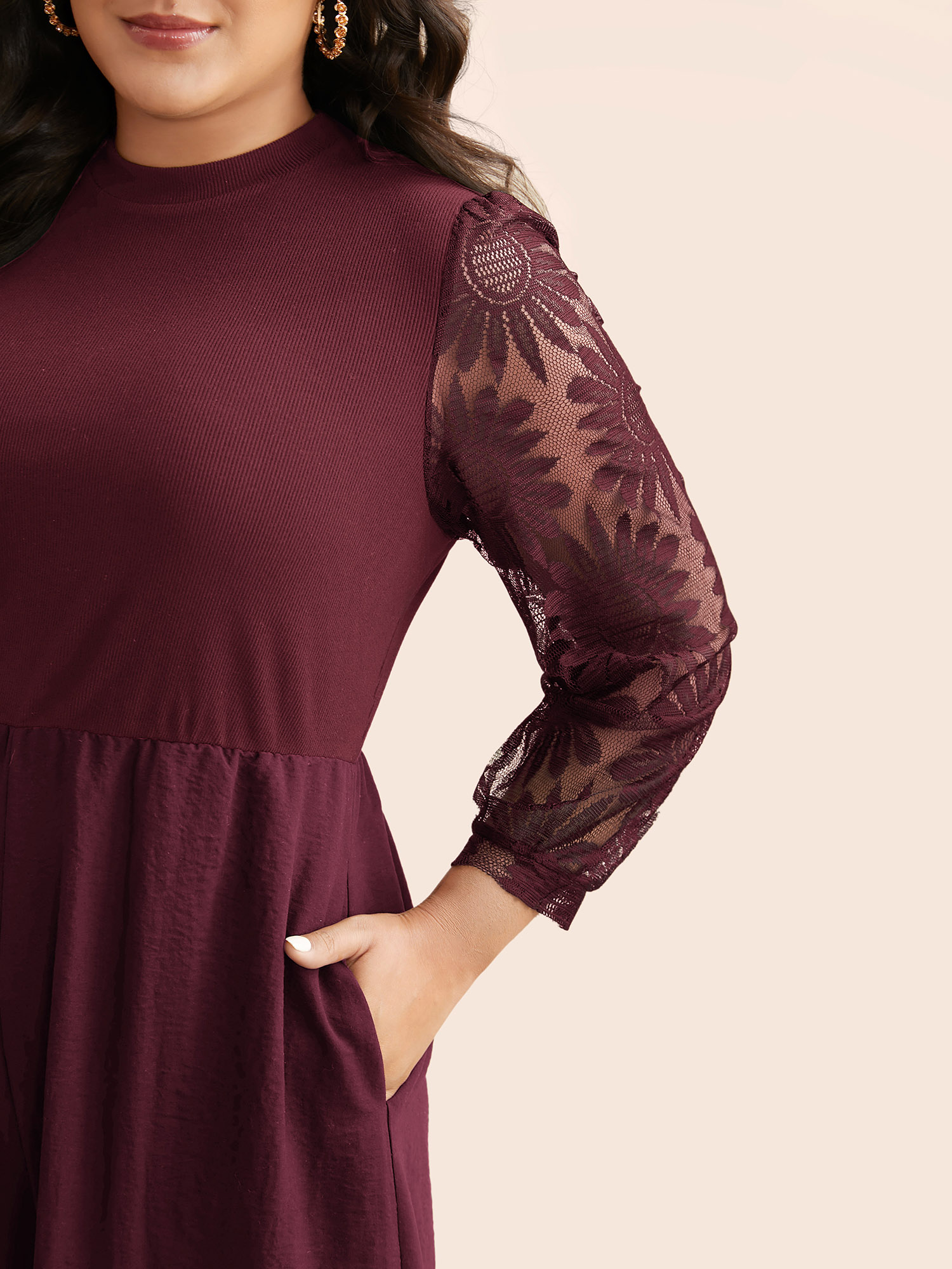 Plus Size Plum Crochet Lace Mesh Mock Neck Jumpsuit Women Elegant Long Sleeve Mock Neck Everyday Loose Jumpsuits BloomChic 22-24/3X 